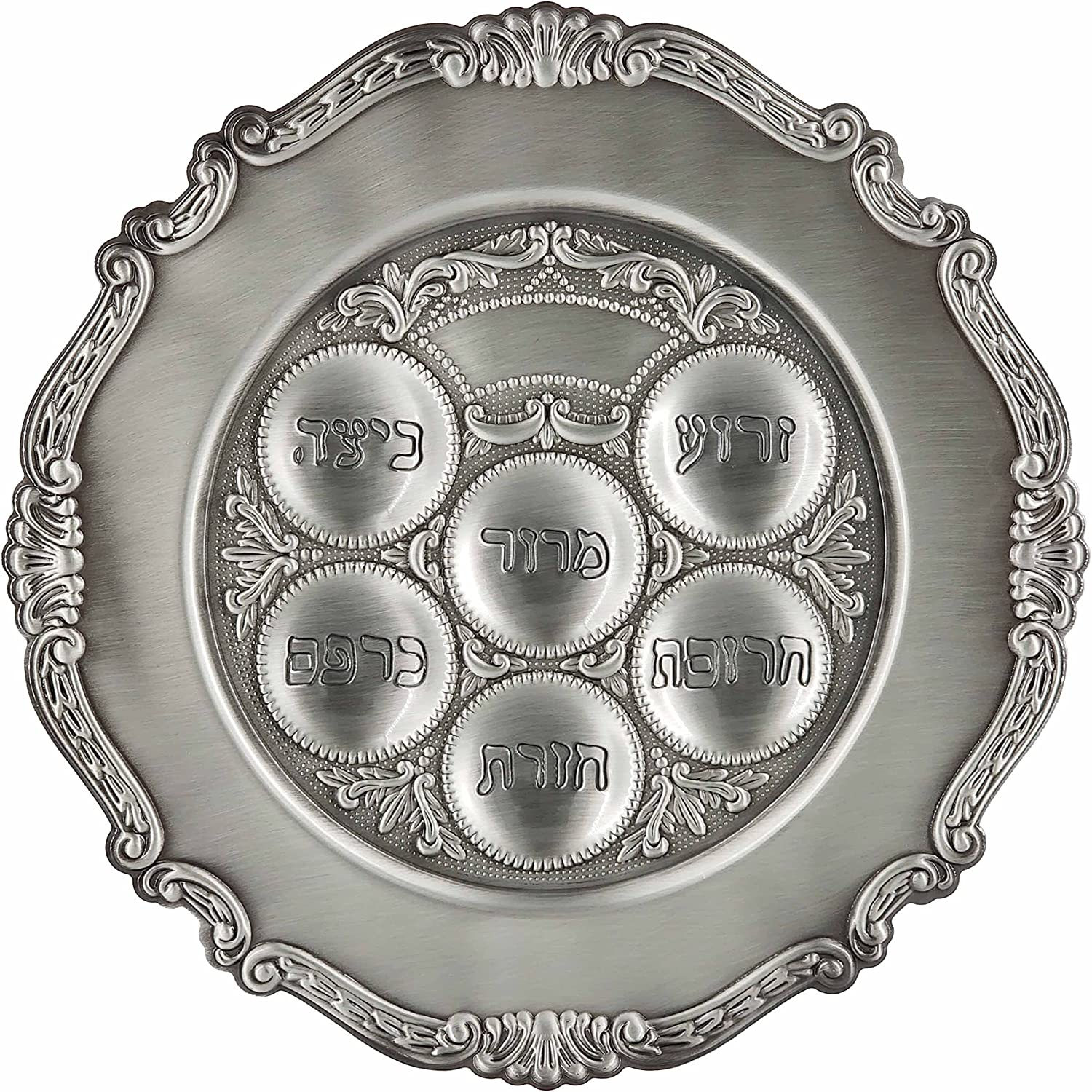 The Dreidel Company Lowest Priced Traditional Passover Seder Plate 12", Traditional Judaica Passover Seder Plate, Kaarah for Pesach (Single, Traditional Pewter) image number 4