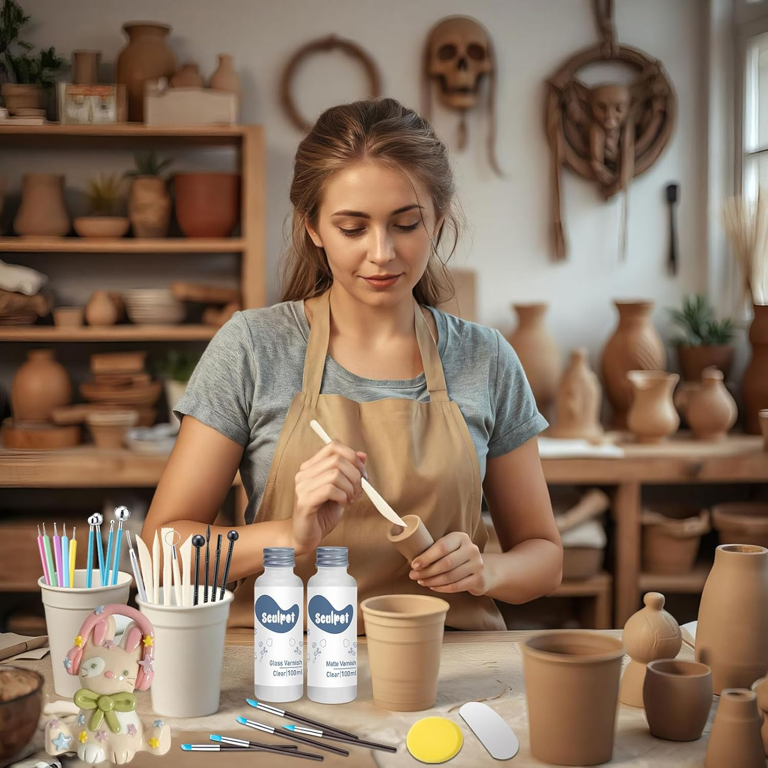 1DFAUL Clay Glaze with Air Dry Clay Tools Kit, 29PCS Clay Sculpting Tools, Polymer Clay Kit and Clay Varnish, Pottery Tool Kit for Sculpting, Modeling, Shaping, High Gloss, Scratch Resistant (Gloss) image number 3