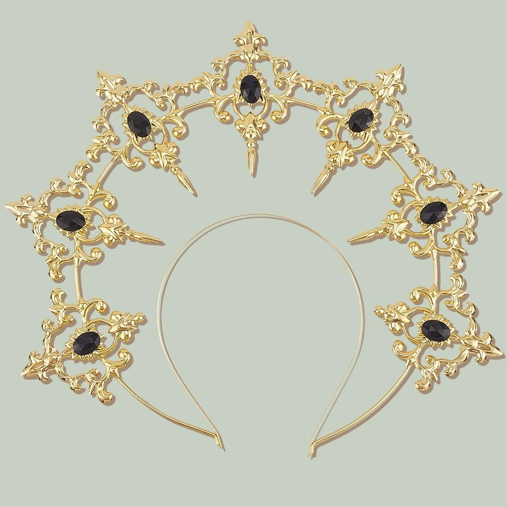 CABODYALS Gold Crown Style Halo Headband Crystal Golden Goddess Tiara Royal Princess Fairy Hair Decoration Accessories Plastic Hairbands for Women Wedding Halloween Bride Festival Party Performance image number 2