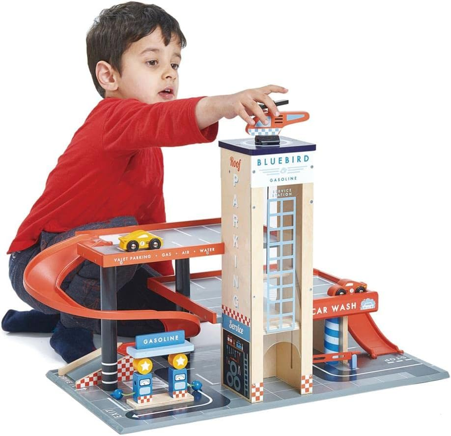 Tender Leaf Toys - Blue Bird Service Station - Classic Wooden Garage and Service Station for Cars and Helicopter with Ramps, Petrol Pumps and Car Wash Center - Imaginary and Roleplay for Children 3+ image number 5