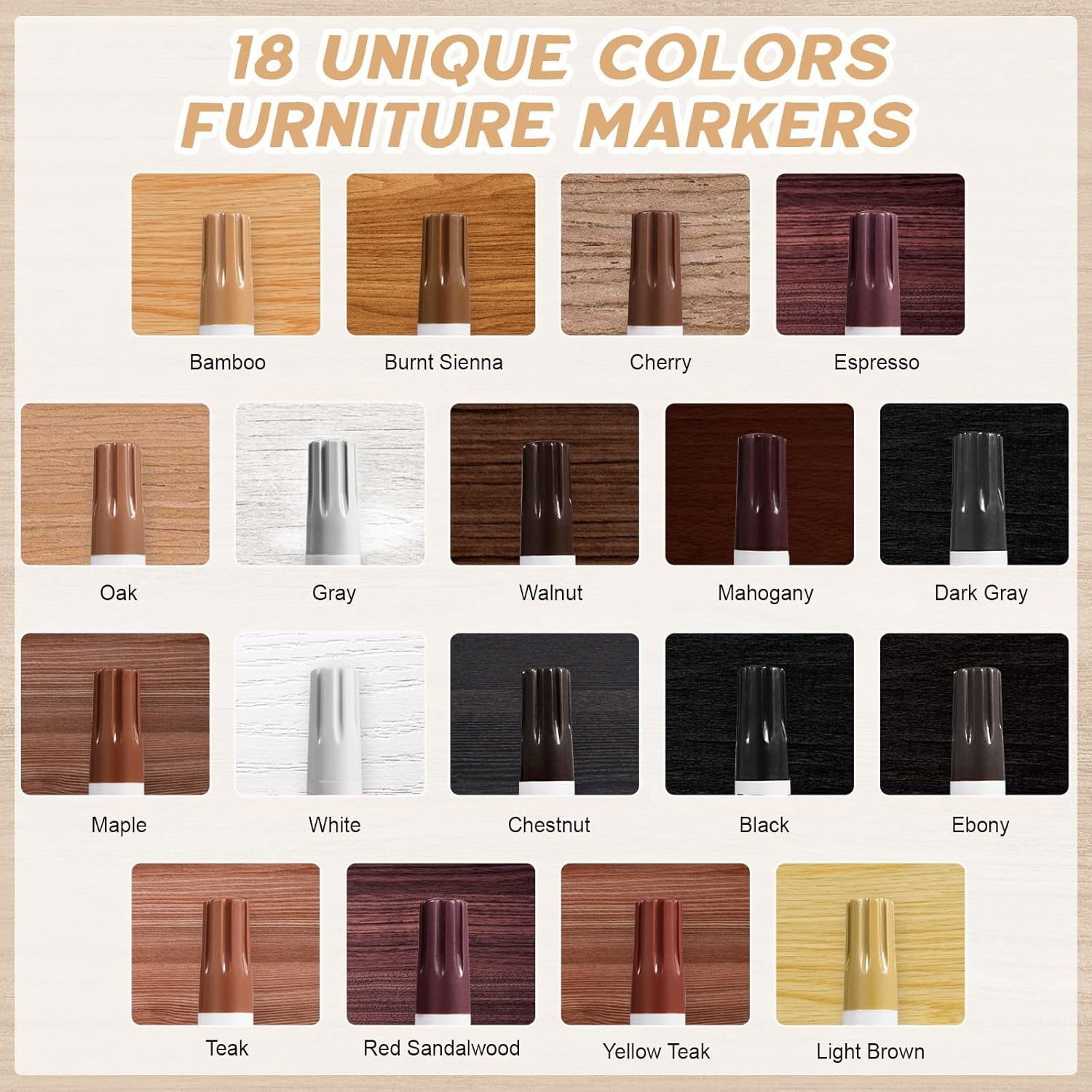 DEWEL Furniture Markers Touch up - 18 Color Wood Markers Repair Kit with Wood Polish Wax, Upgrade Floor Repair Kit, Pens for Scratches, Table, Cabinet, Bedpost