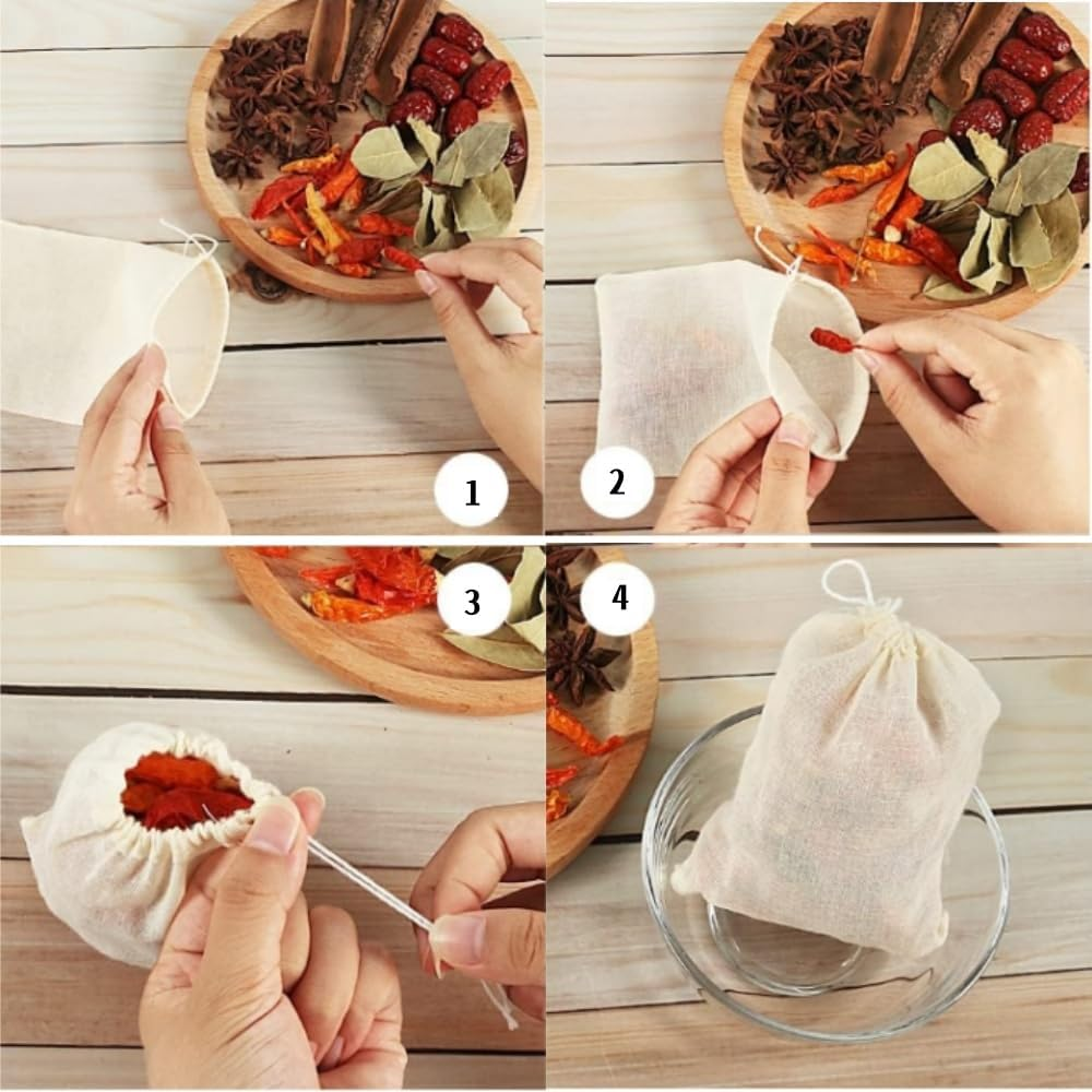 60 Pieces Spice Bags for Cooking Cheesecloth Bags for Straining Reusable Empty Tea Bags Drawstring Soup Bags Muslin Bags (8 X 10 CM) image number 5