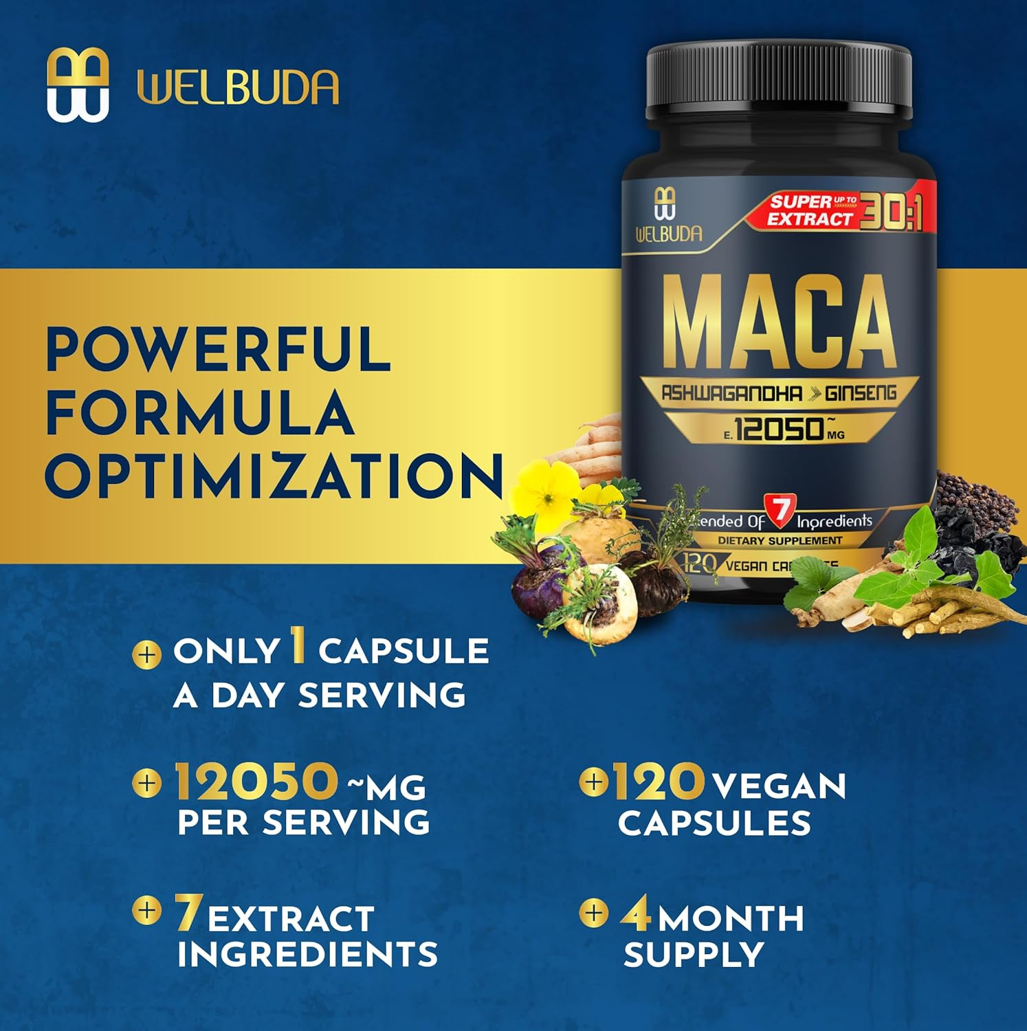 120 Capsules - 4 Month Supply - Maca Root Capsules 12050 Mg with Black + Red + Yellow Maca Root Extract Supplement - Mood, Energy, Body & Immune Support image number 2