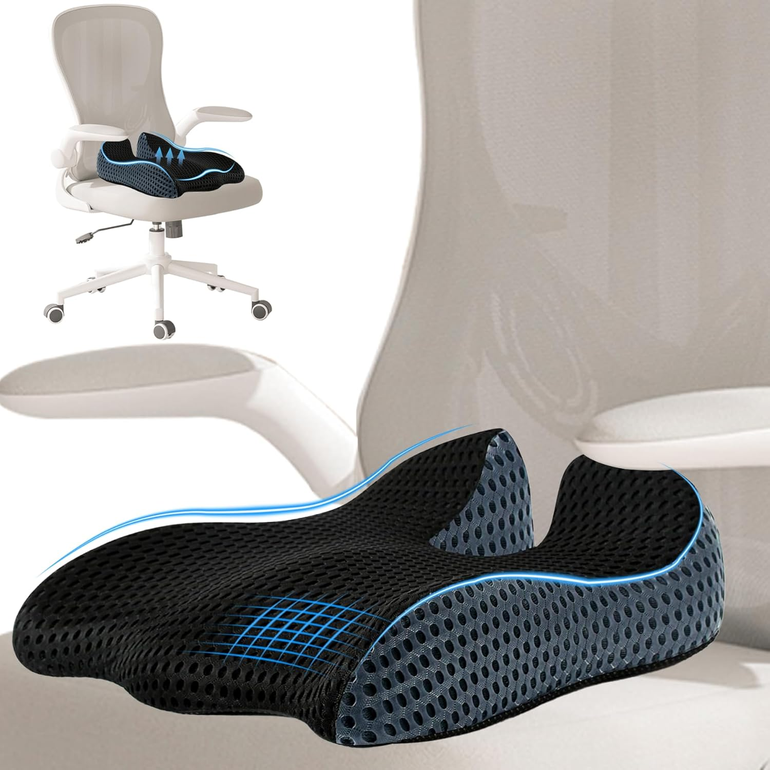 Memory Seat Cushion for Office Chair Pressure Relief Sciatica & Tailbone Pain Relief Memory Foam Firm Coccyx Pad for Long Sitting, for Office Chair, Car Seat，Washable Cover (Black Mesh)