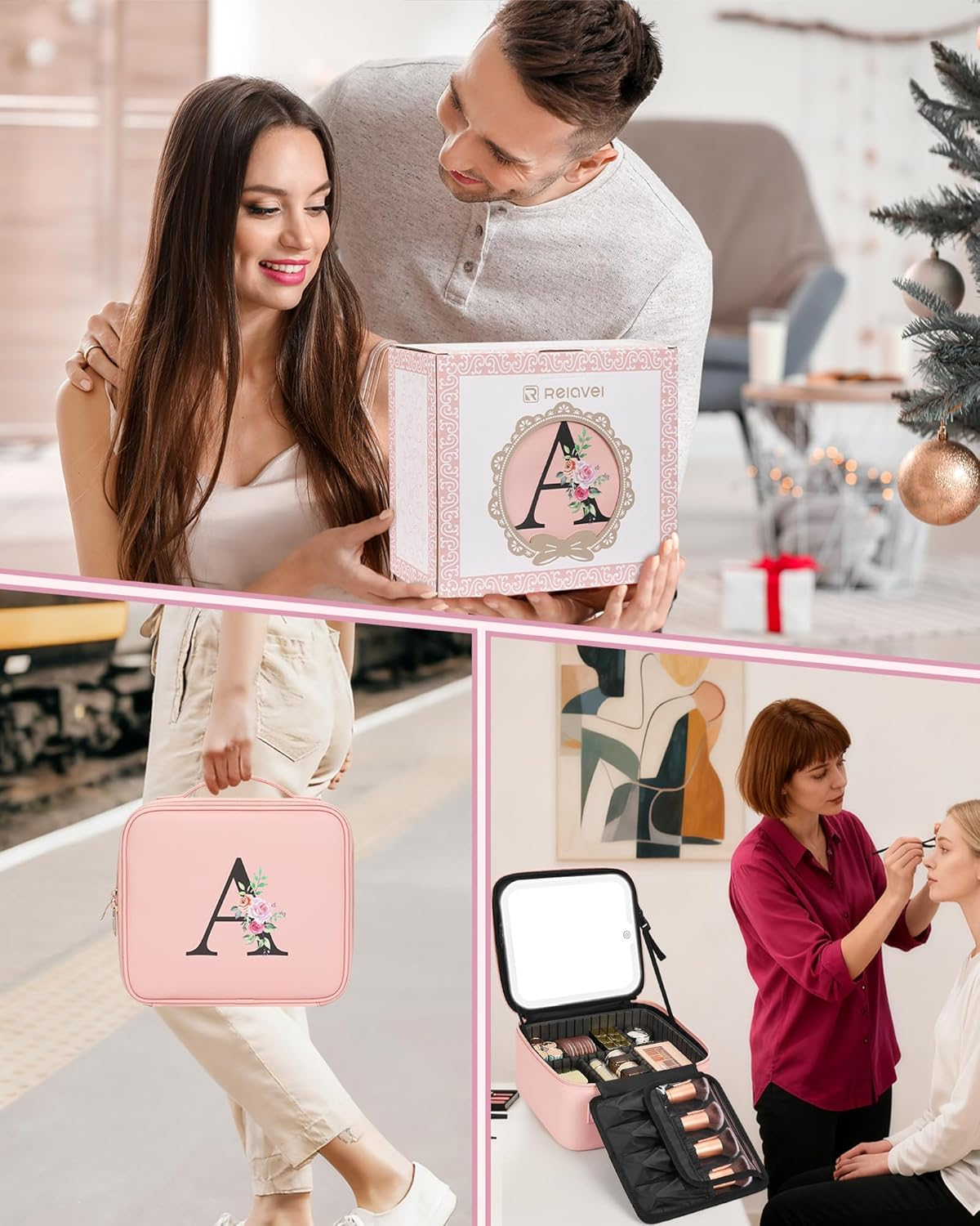 Relavel Makeup Bag with LED Mirror Cute Personalized Initial Makeup Bag for Women Pink Cosmetic Travel Toiletry Bag Girl Gifts, Pink image number 3