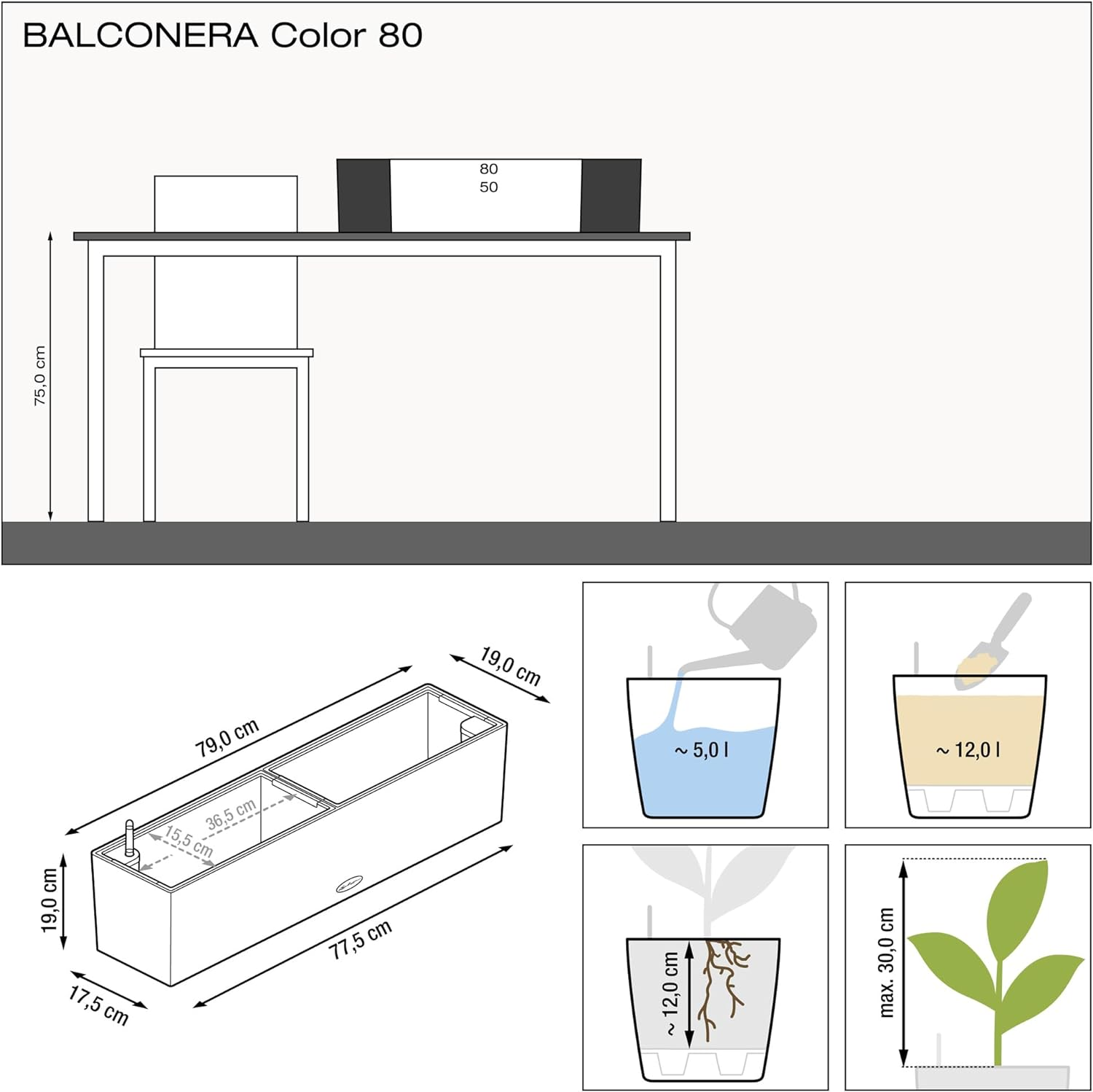 Lechuza Balconera Color 80 Self Watering Plant Pot, White, 19 Cm Diameterx 79 Cm Width X 19 Cm Height image number 3