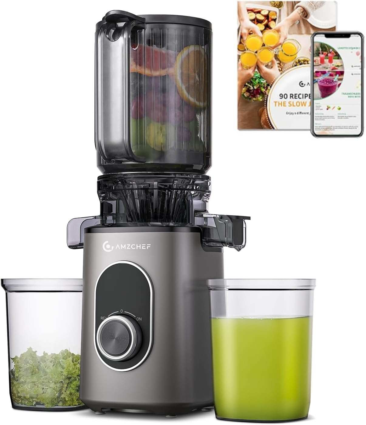 AMZCHEF Cold Press Slow Juicer with 1.5L and 110Mm Feeding Chute for Whole Fruits and Vegetables, Masticating Juicer Machine with High Juice Yield and Reverse Function, Easy to Clean, Bpa-Free