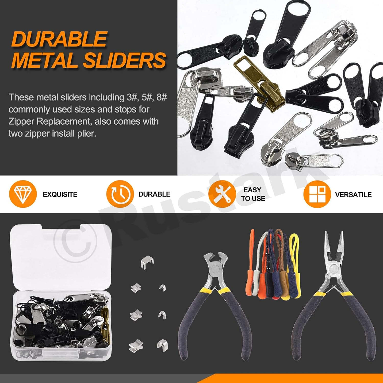 Rustark 144Pcs #3#5#8 Zipper Repair Kit Zipper Replacement Zipper Repair Zipper Pull Replacement and Zipper Stops with Two Zipper Install Pliers Tool for Bag Luggage Tents image number 2