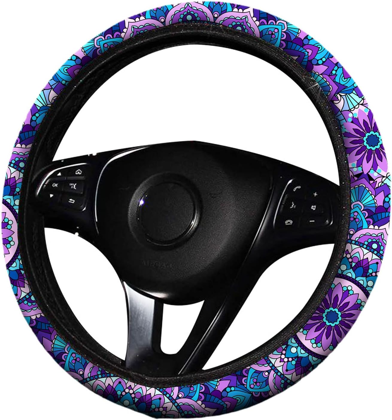 4 Pieces Mandala Purple Lotus Steering Wheel Cover Set with 2Pcs Car Cup Coasters & Quarter Keyring, Cute and Fashionable Non-Slip Purple Steering Wheel Cover, Universal Fit 14-15.5 Inches - Purple image number 2