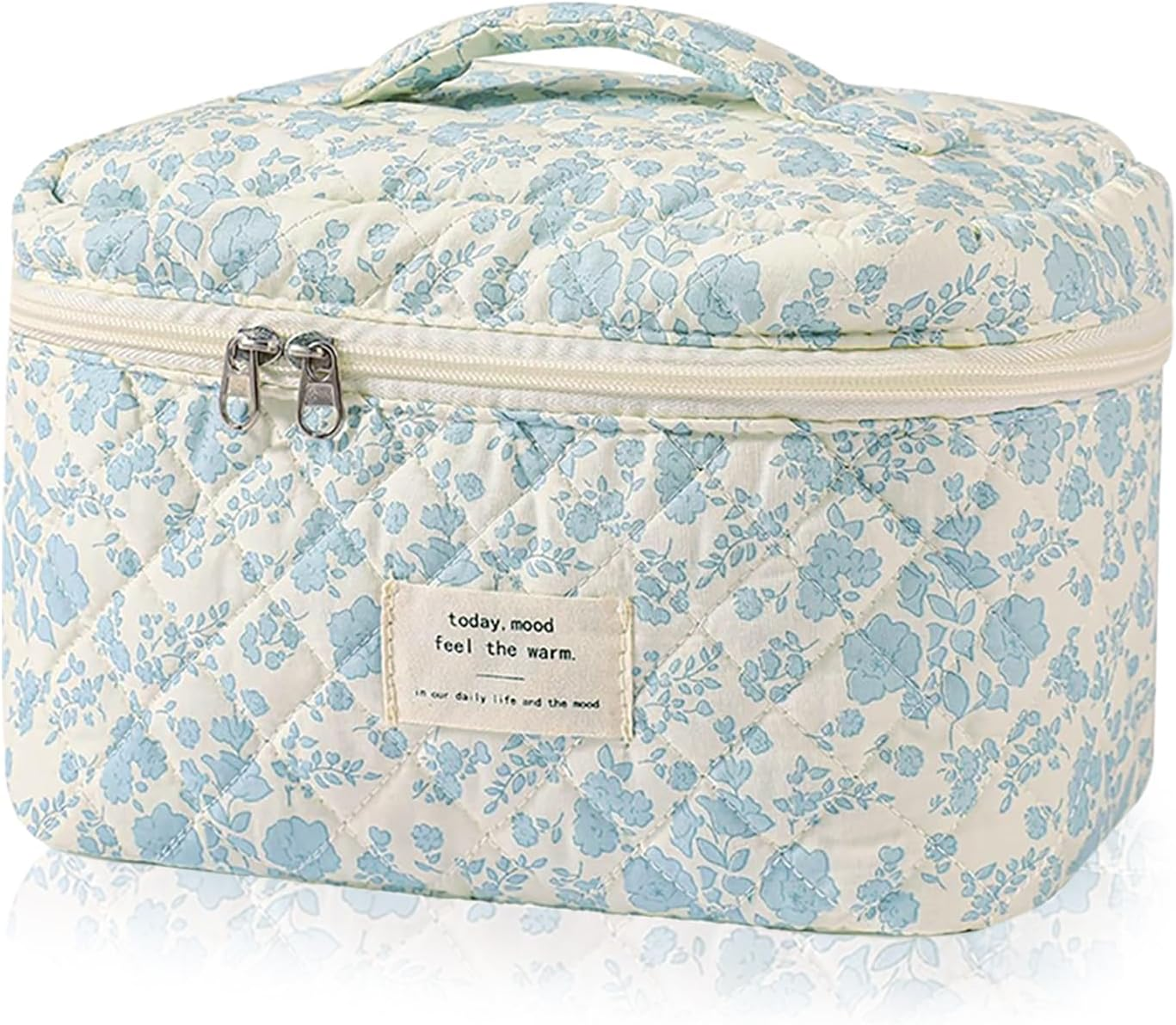 Everfunny 3 Pcs Cotton Quilted Makeup Bag Set, Floral Cotton Cosmetic Bag, Aesthetic Toiletry Travel Organizer Bag for Women, White Little Flower, Cosmetic Bag