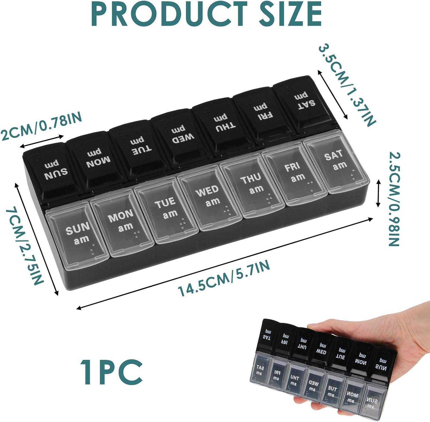 Weekly Pill Organizer, 7 Day Pill Organizer 2 Times a Day, Day Night Medicine Organizer, Pill Box with Simple Button Design for Pills/Vitamins/Fish Oil/Supplements, Black and White image number 2