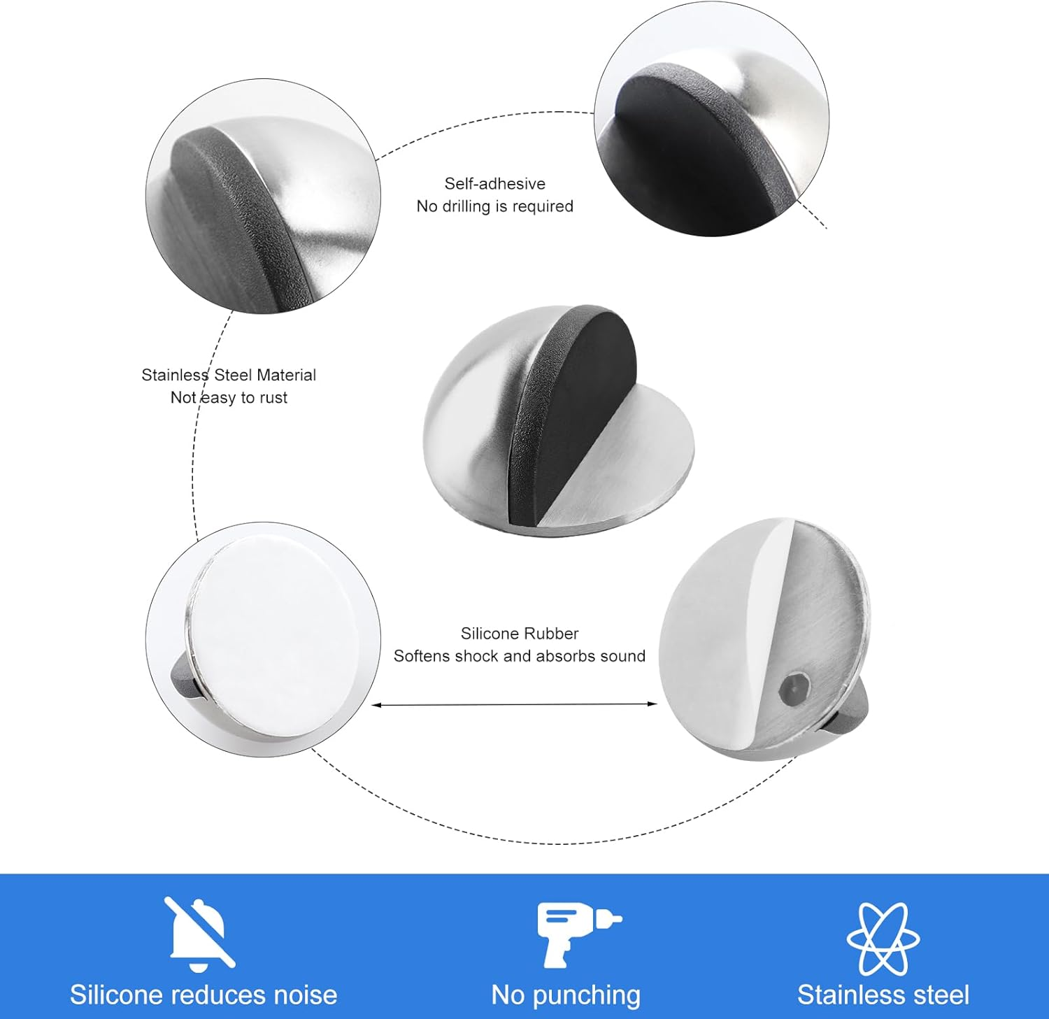 4 Pcs Self Adhesive Door Stoppers, Oval Stainless Steel Door Stops, Polished Magnetic Door Stops for Hard Floors, Glass Doors and Protective Walls(Silver) image number 4