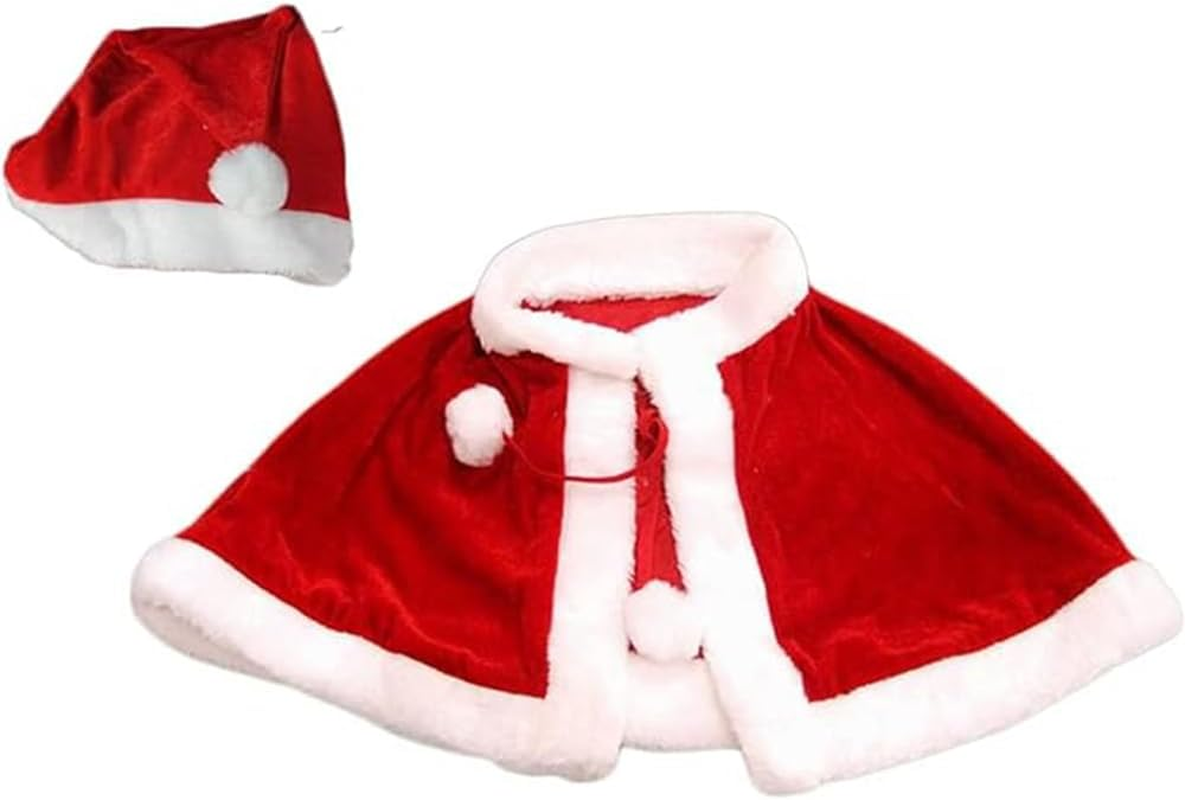 Christmas Red Velvet Shawl Cloak Cape Mrs Santa Cape Robe Halloween Carnival Dress up Cosplay Costume for Kid with Hat image number 2
