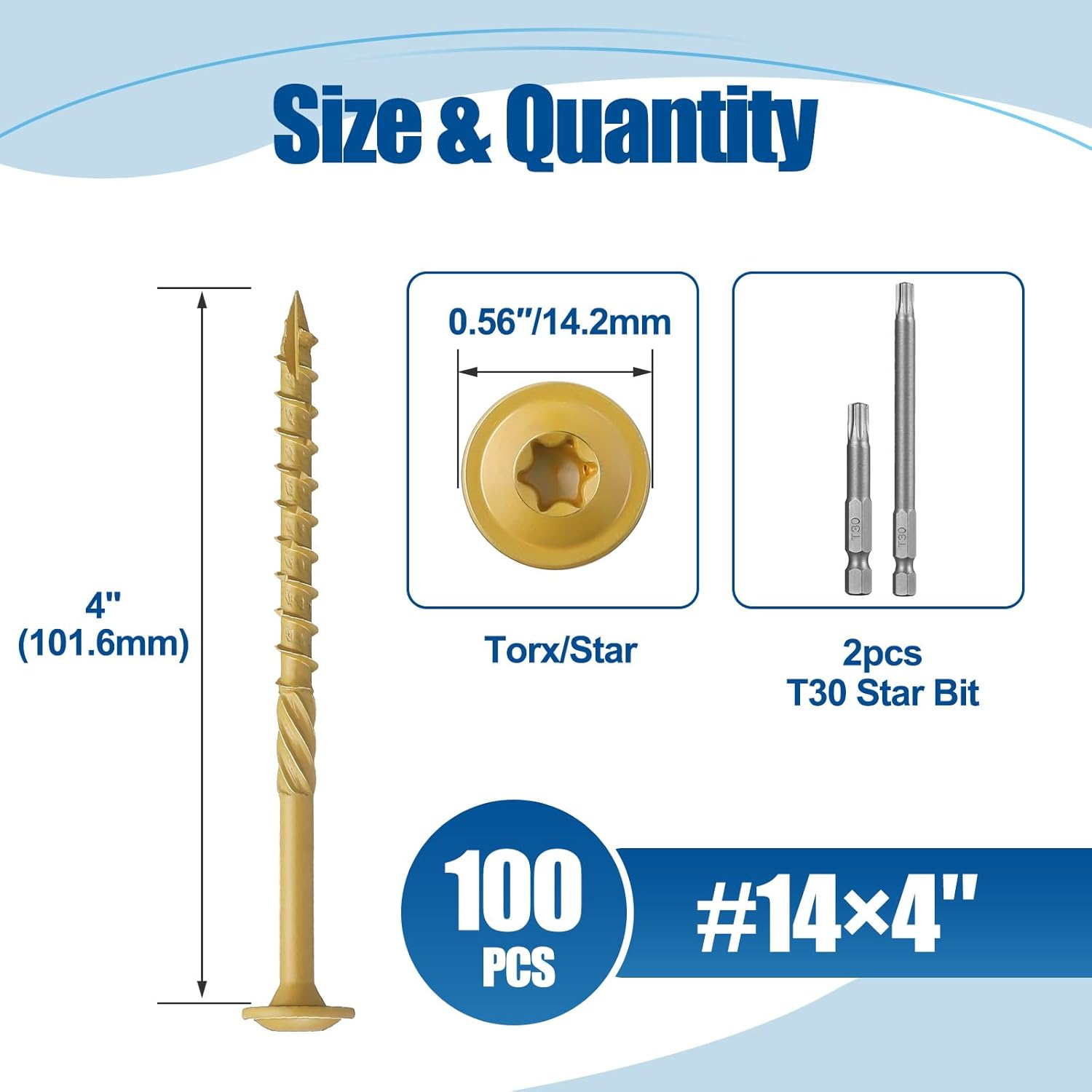 ANCHOREASE Lag Screws #14&times;4", 100PCS Heavy Duty Construction Screws, Rust Resistant, Washer Head, Bronze Coated External Wood Screws, Trusss Lag Screws, 2PCS T30 Star Bit Included image number 1