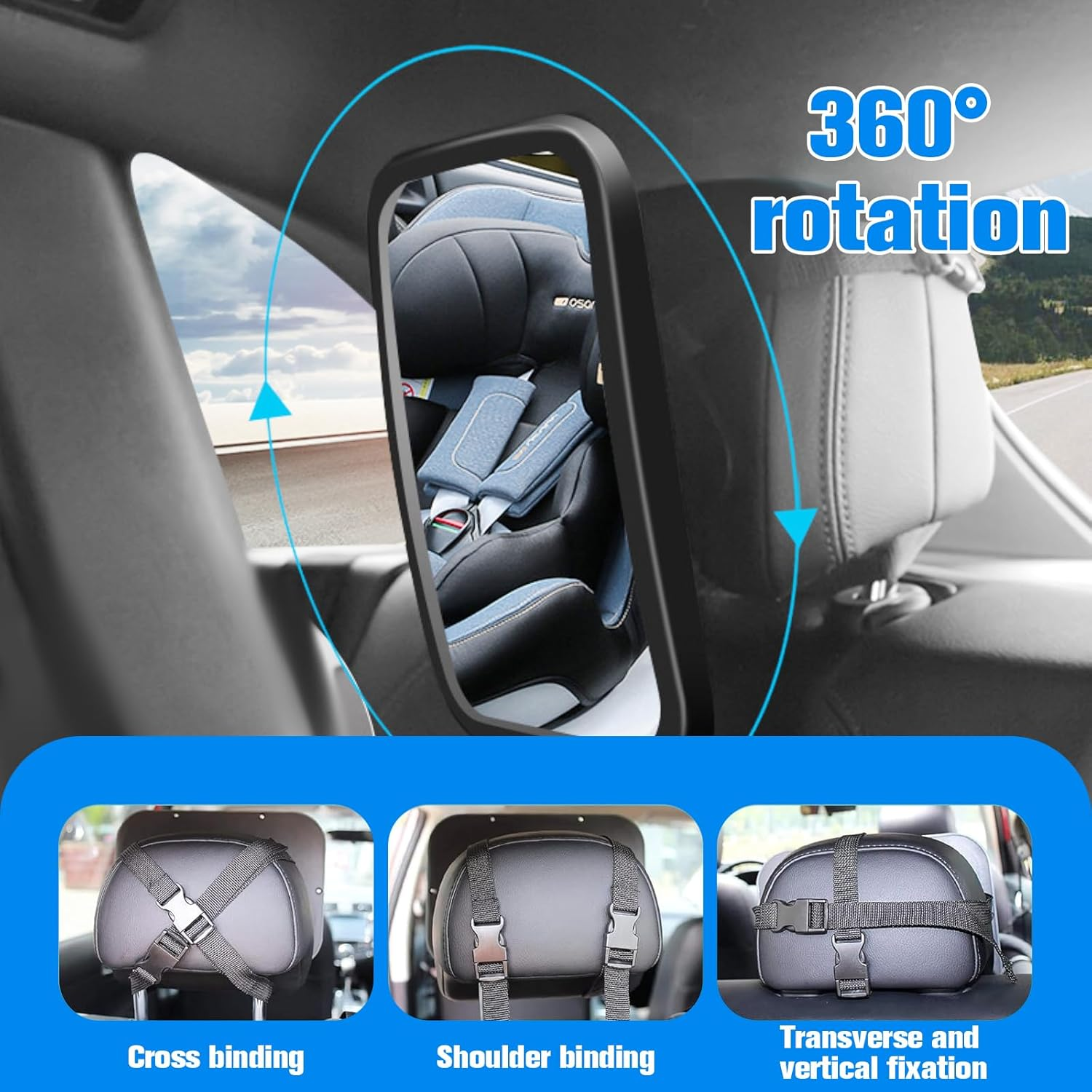 Baby Car Mirror Rear Facing - Newborn Baby Car Seat Seat Mirror,100% Shatterproof and Wide Rearview & 360&deg; Rotation,Easy Assembled（9.6 X 6.9 In) image number 2