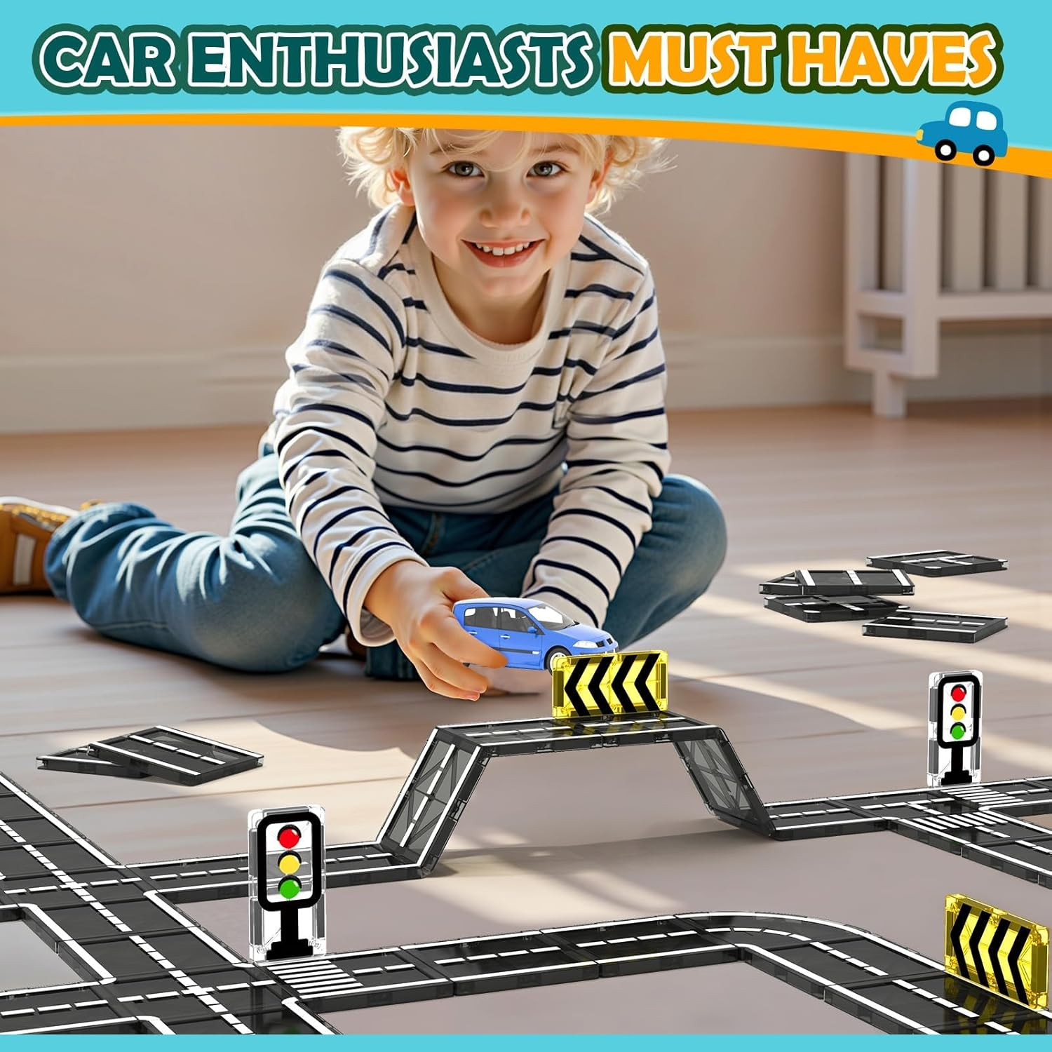 Magnetic Tiles Road Expansion Pack, STEM Magnet Building Blocks for Toddler Kids Toys, Christmas Toy Gifts for 3+ Year Old Boys & Girls, Montessori Educational Creativity-Igniting Kids Toys image number 6