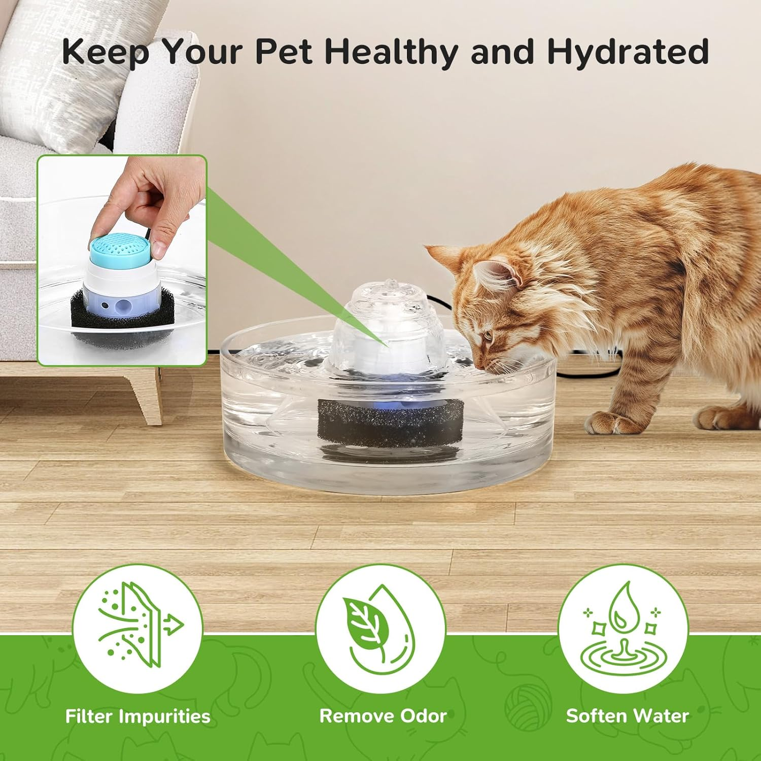 Vindox Cat Fountain Filter, Replacement Filter for 2.7 L Drinking Fountain for Cat Glass, Activated Carbon Ion Exchange Resin Filter (6 Replacement Filters + 6 Filter Sponges)