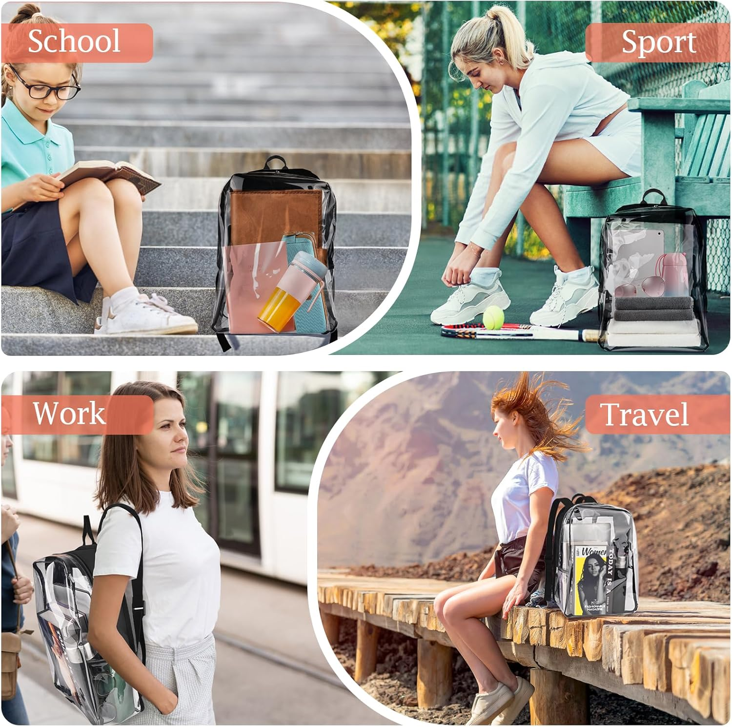 JOMPARO Clear Backpack Plastic See through Bookbag for Kids Adults for School Work Concert Sports, 1S-Black, Medium, Daypack Backpacks