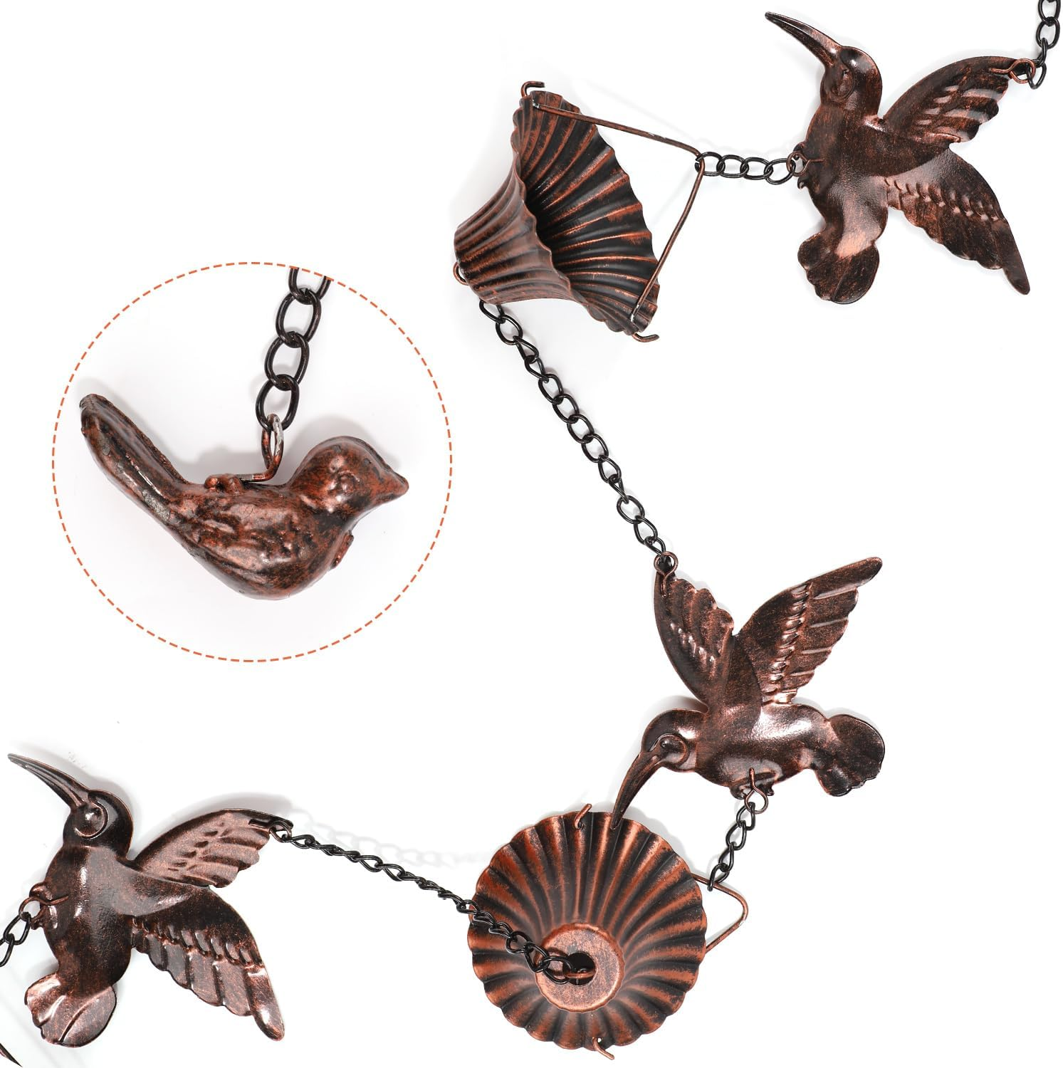 Bird Rain Catcher Chain, 8.53Ft Metal Hummingbird Rain Chain Bell, outside Decorative Downspout Chain Rainwater, Cup Wind Chime Outdoor Gutter Rainchain Decor for Terraces, Villas, Courtyards image number 1