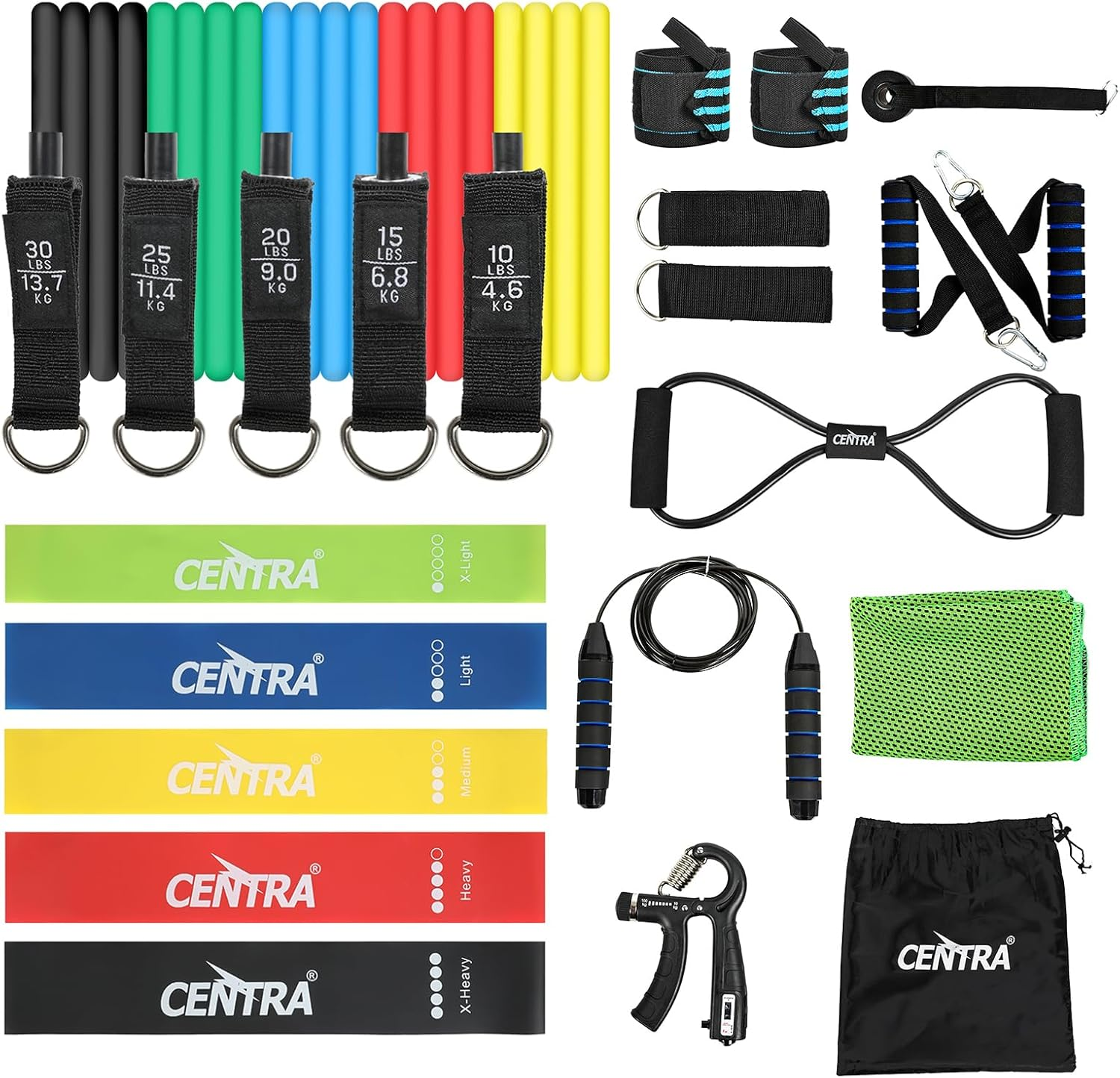 Centra Resistance Bands Set, Elastic Exercice Loop Bands, Figure 8 Resistance Band, Jumping Rope, Working Out, Arms, Shoulder, Leg Stretching, Home Gym Equipment for Women Men, Carry Bag image number 2