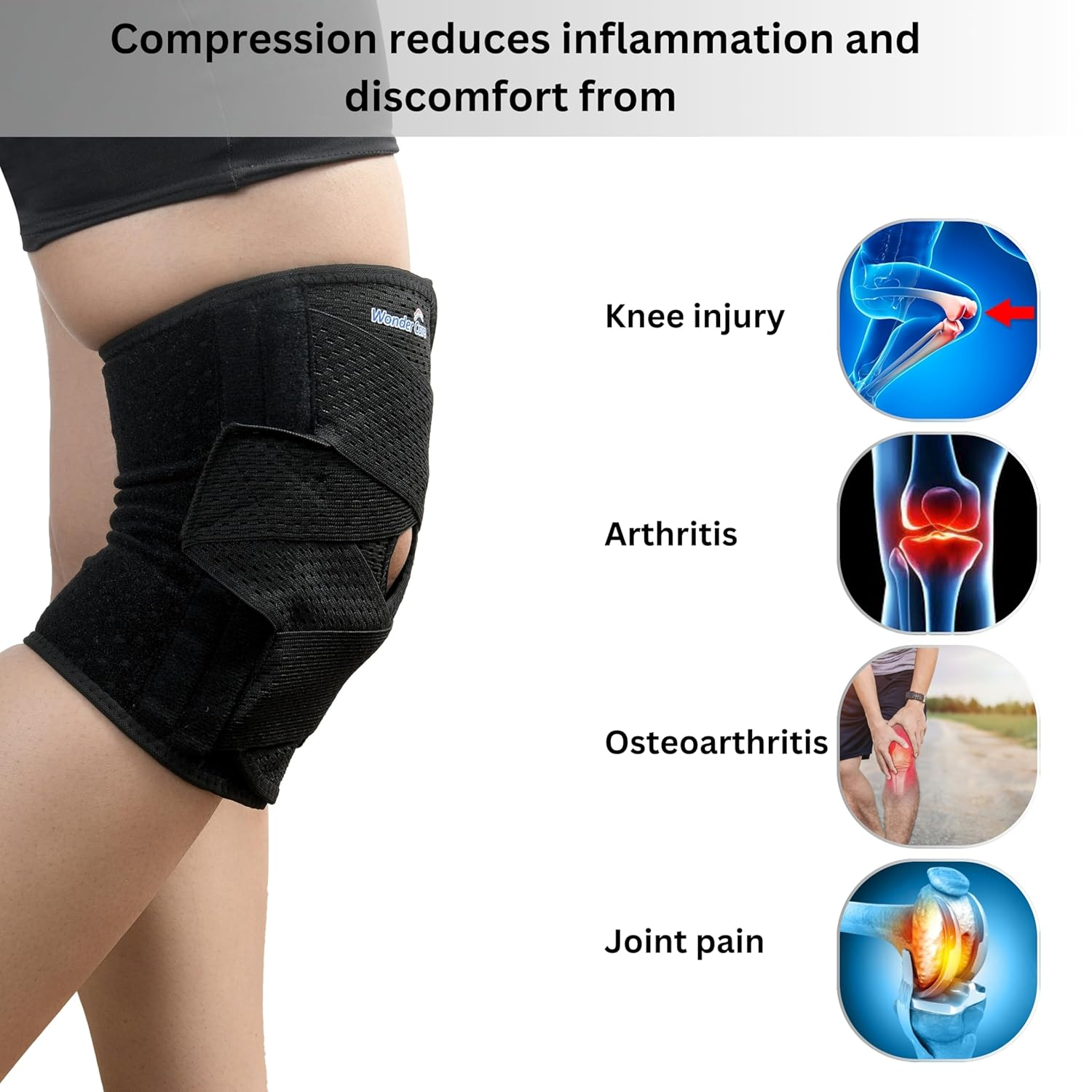 Wonder Care Compression Knee Brace Designed for Knee Pain, Sports, Running, Meniscus Tear & ACL Relief. Adjustable Knee Wrap with Side Stabilizers for Men & Women, Knee Support with Air Mesh Fabric image number 2