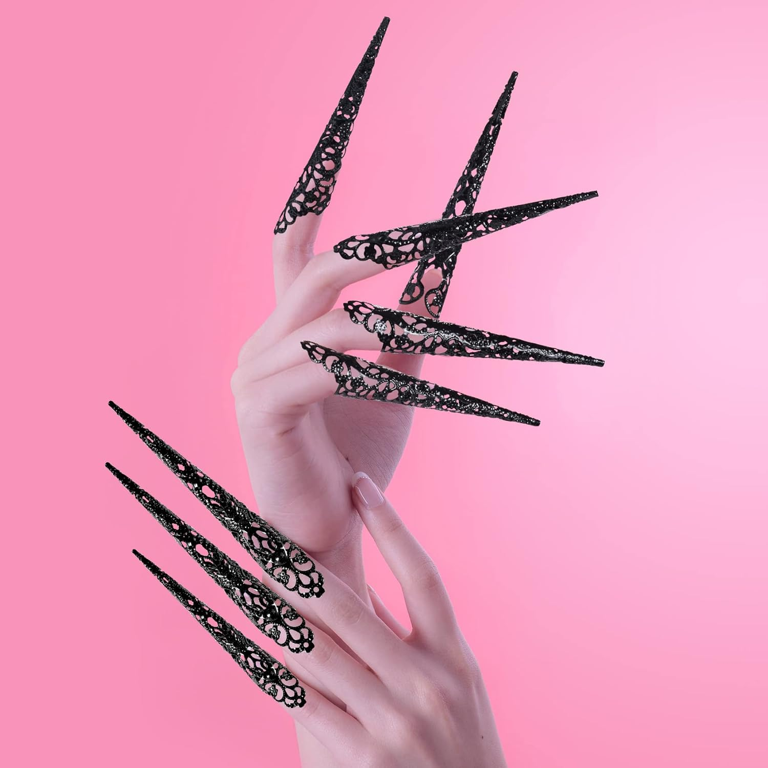 ANCIRS 10 Pack Finger Nail Tip Claw Rings, Ancient Queen Costume Fingertip Claw Nail Rings Decoration Accessory, Finger Knuckle Protectors for Halloween Cosplay Drama Dance Show- Black - Black image number 2