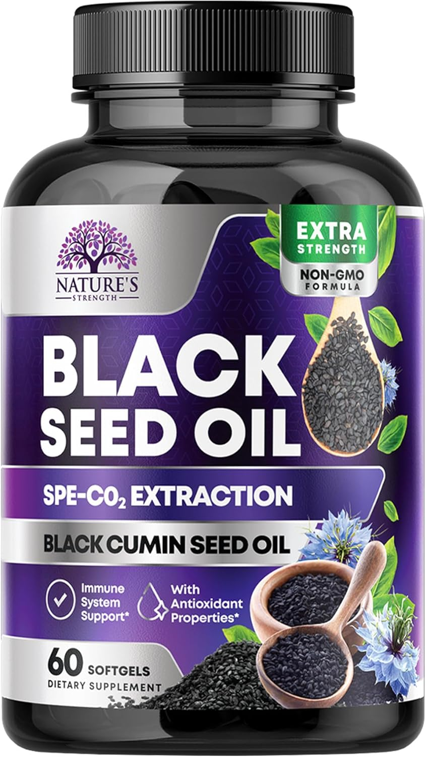 Black Seed Oil Capsules 1000Mg, Vegan Premium Nigella Sativa Black Cumin Seed Oil, Non-Gmo, Vegetarian, Extra Strength Blackseed Oil Softgel Supplement for Immune Support - 60 Capsules image number 1