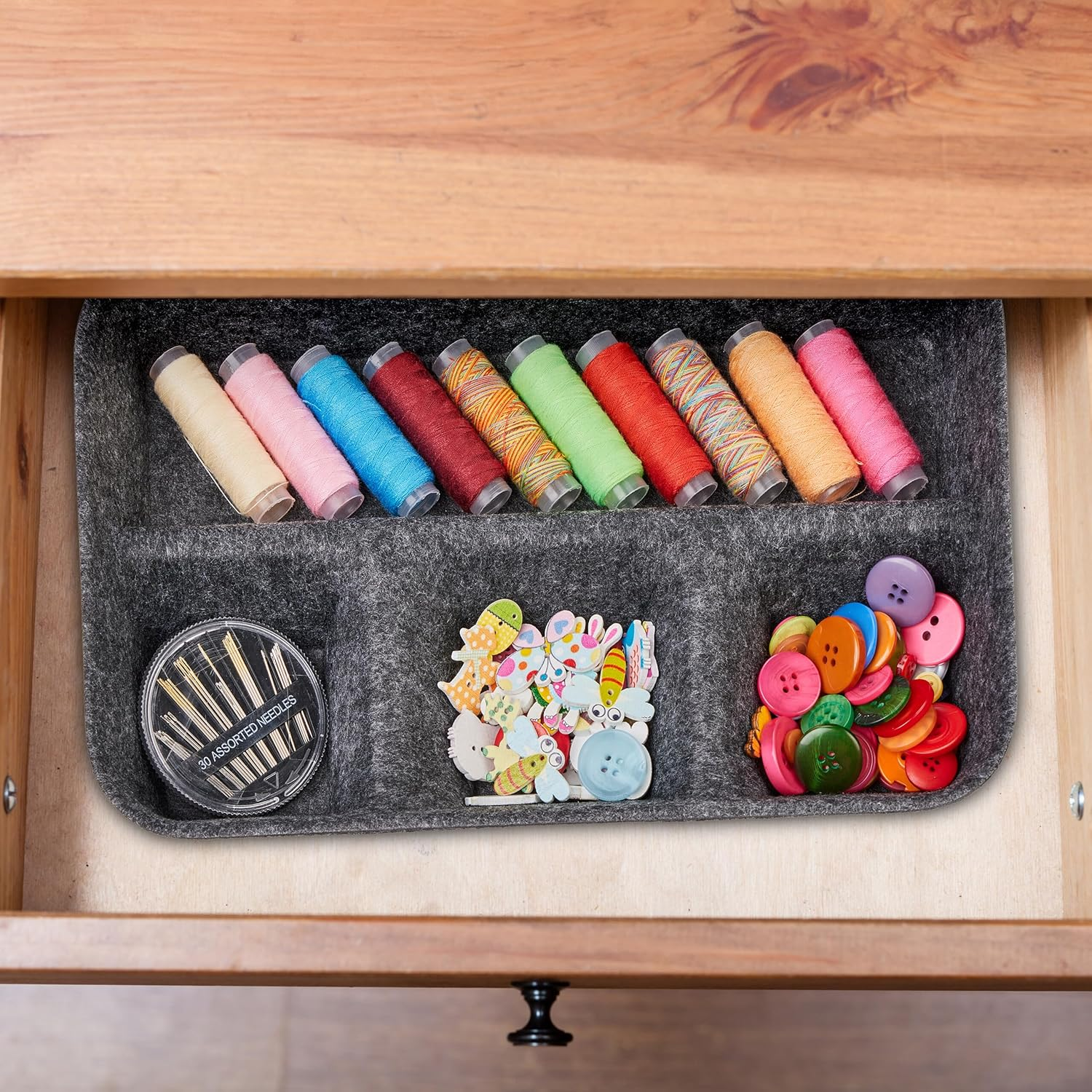 Relaxdays Felt Drawer Organiser, Desk Organiser System, HBT 5.5 X 29.5 X 19 Cm, 4 Compartments, Felt Basket, Dark Grey image number 5