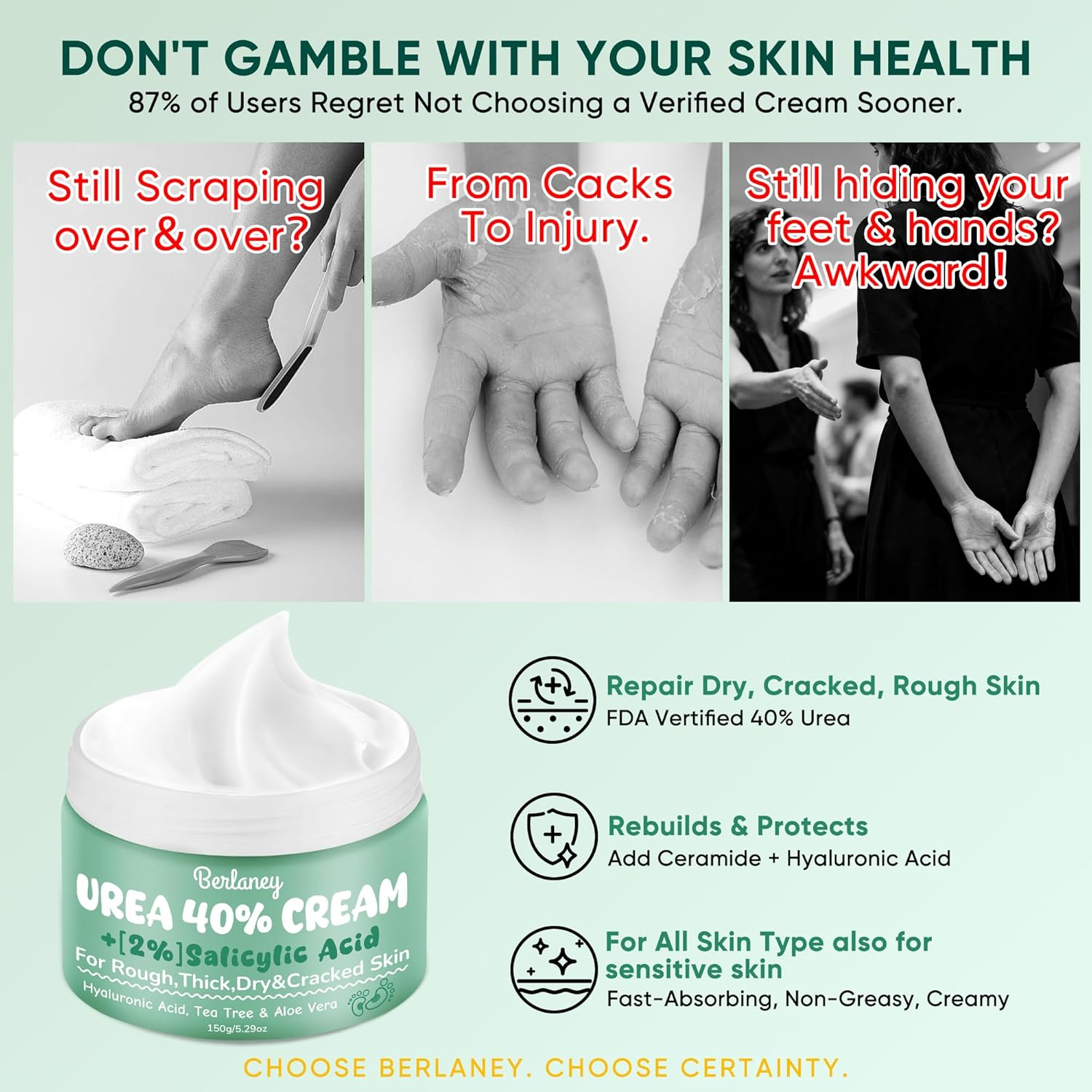 Berlaney Urea Cream 40 Percent for Feet plus 2% Salicylic Acid 5.29 Oz || Foot Cream and Hand Cream Maximum Strength with Hyaluronic Acid,Tea Tree,And Aloe Vera for Deep Moisturizes,Callus Remover image number 3