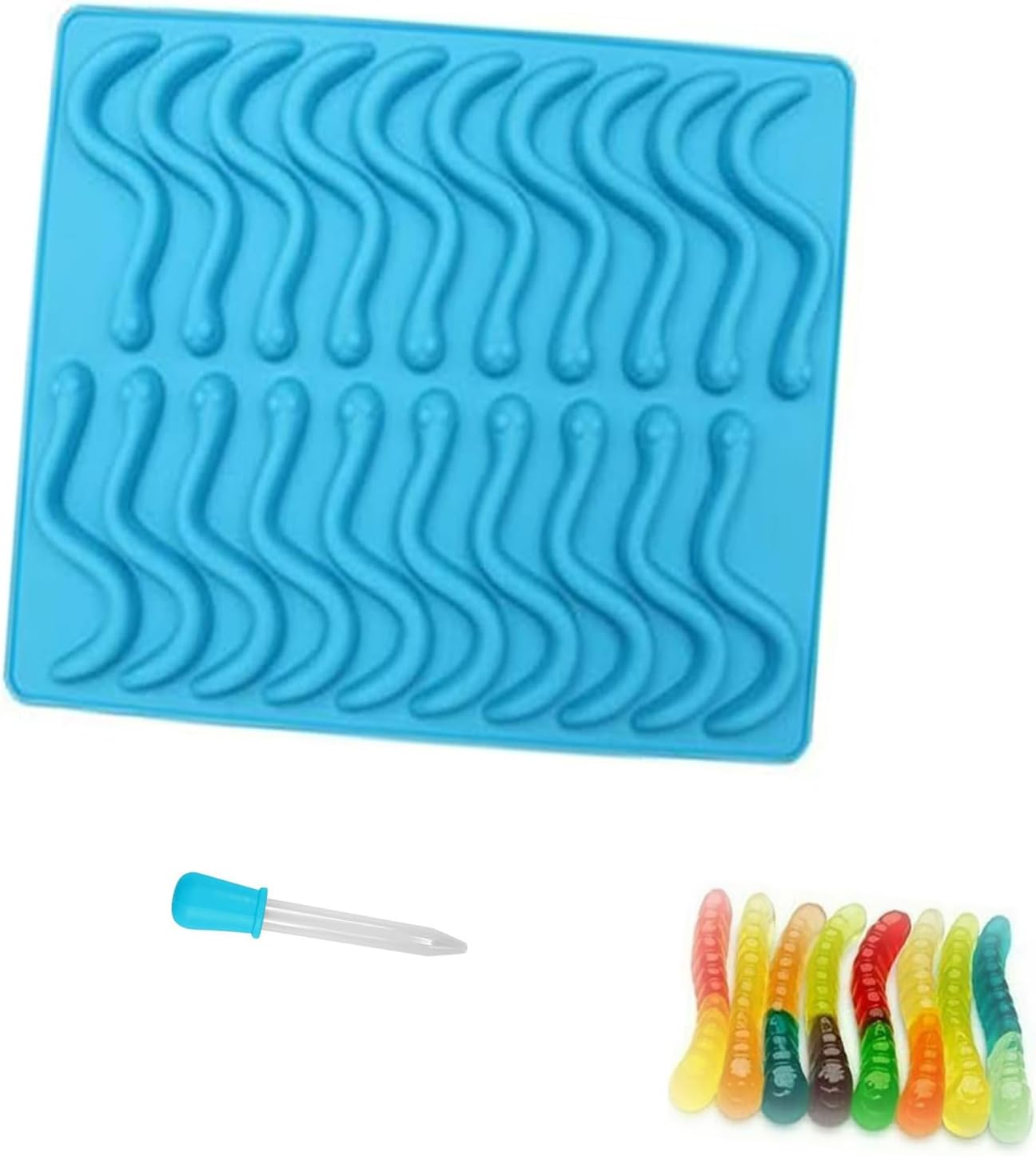 Sky Blue Silicone Gummy Mold - Dishwasher-Safe, Non-Toxic Food Grade (-40℃-230℃) for Kids Vitamin Candy, Fishing Lures Jelly Snakes Worms, Oven/Freezer image number 1