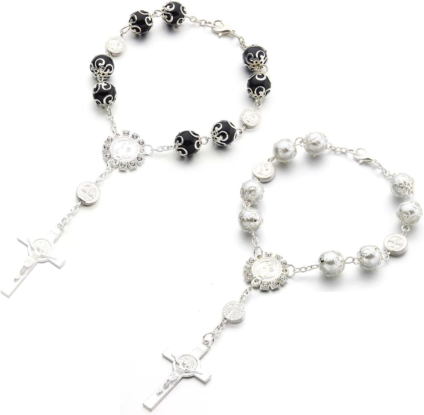 Ziciner 2 PCS Car Rosary for Rearview Mirror, Personalized Blessing Rear View Mirror Hanging Decors, Auto Rearview Mirror Rosary Pendant, Car Interior Hanging Accessories (Silver)