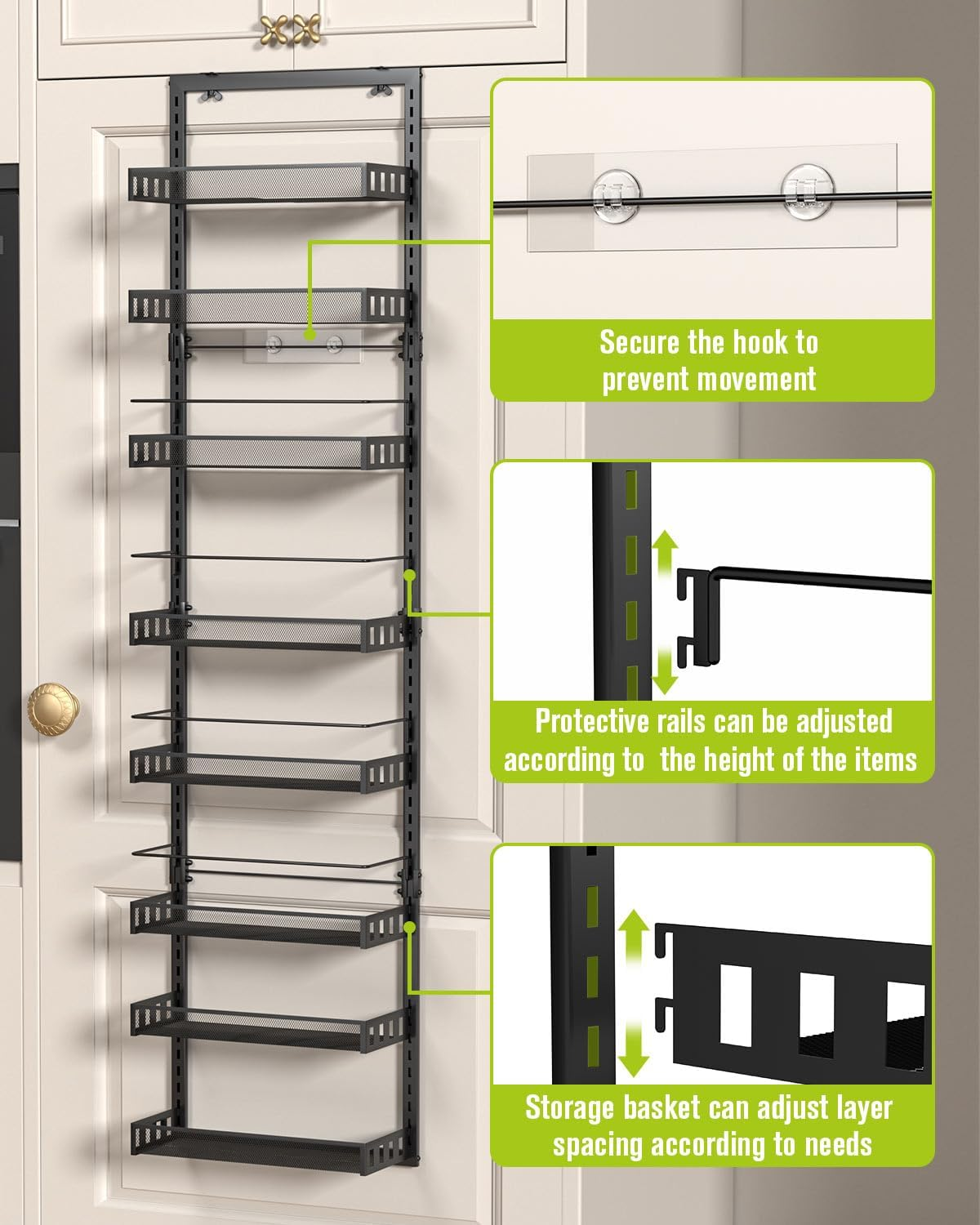 TOPWE over the Door Organizer, 8 Tiers Metal Hanging Door Storage, Adjustable Pantry Storage Organizer with Hook for Each Layer, Wall Mounted Pantry Organizers and Kitchen Door Spice Rack, Black