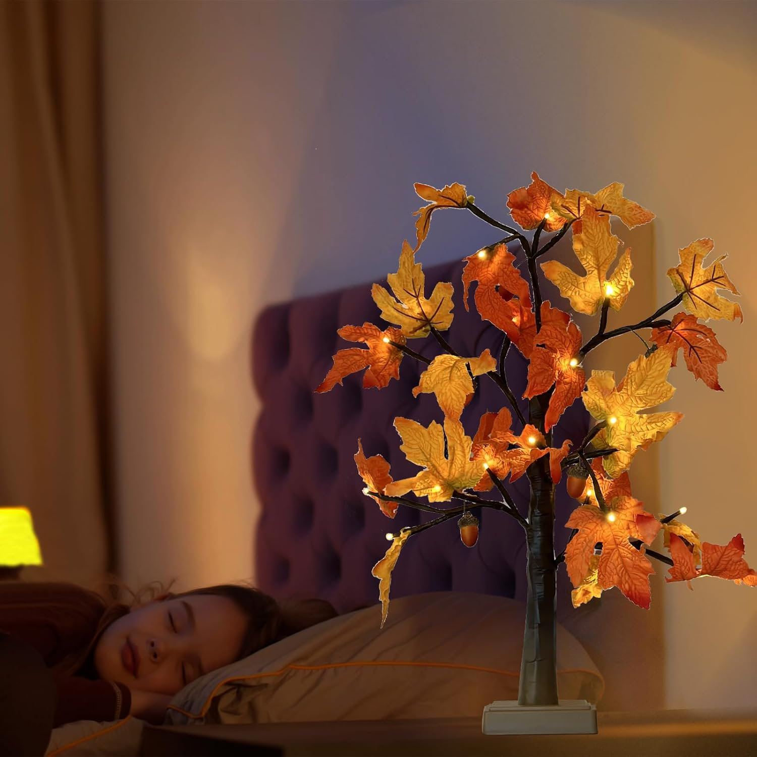 Fall Lighted Maple Tree with Acorns Halloween Chirstmas Decoration Thanksgiving Table Centerpiece Decoration| 48 Leaves and 24 LED Lights | Autumn Harvest Indoor Decor image number 5