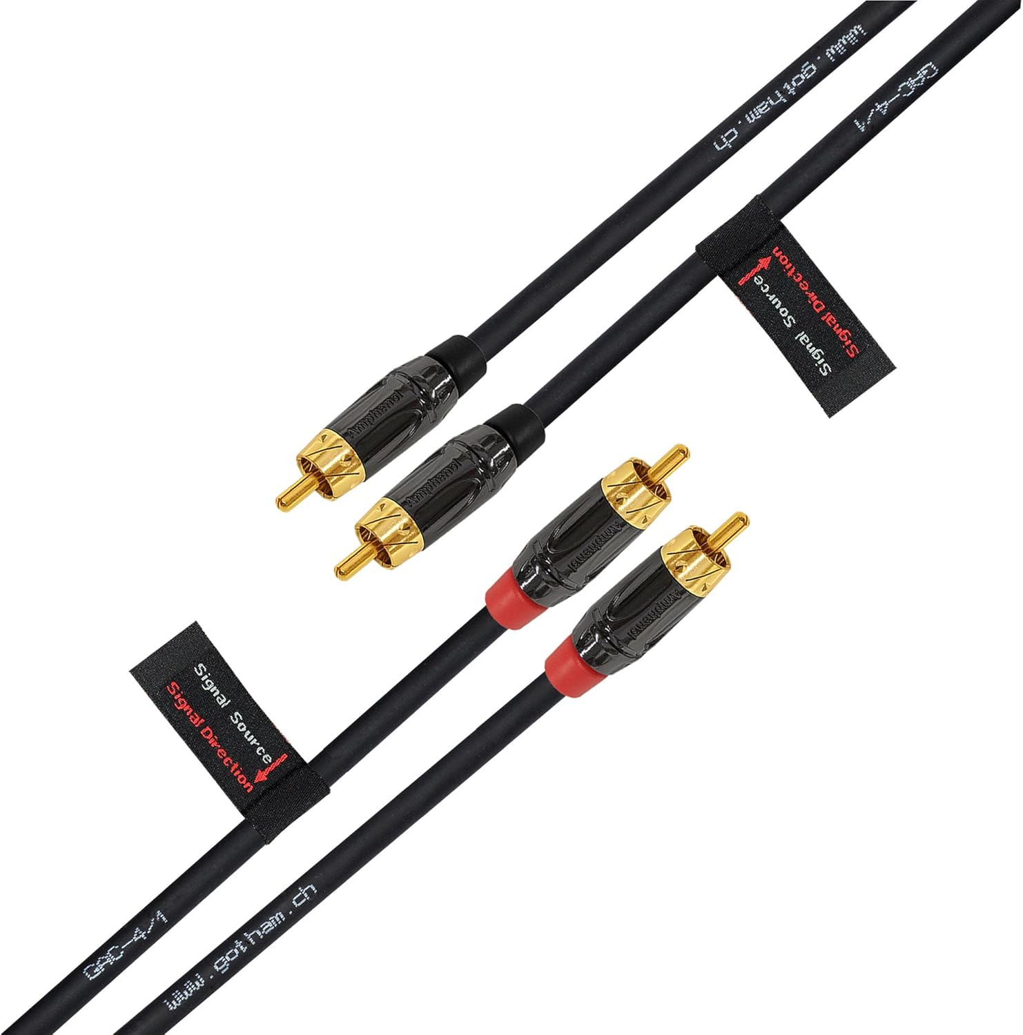 3.5 Foot RCA Cable Pair - Gotham GAC-4/1 (Black) Star-Quad Audio Interconnect Cable with Amphenol ACPL Black Chrome Body, Gold Plated RCA Connectors - Directional image number 6
