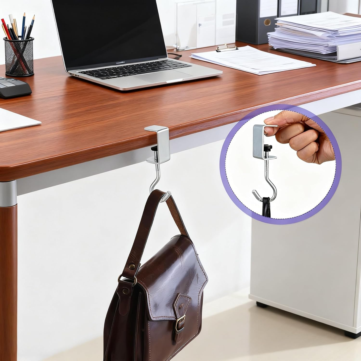 2 Pcs Silver Metal Clamp - on Desk Mount Bag Holder: for Backpacks, Handbags, Purse, and Headphones, Reducing Desk Clutter. image number 1