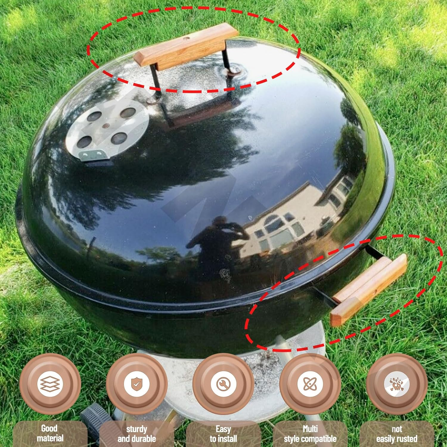 2 Pack Cherry Wood Replacement Handle Compatible with We-Ber Charcoal Grill, Fits 22.5" and 18.5" One Touch Grills and Many Similar Grills and Smokers image number 6