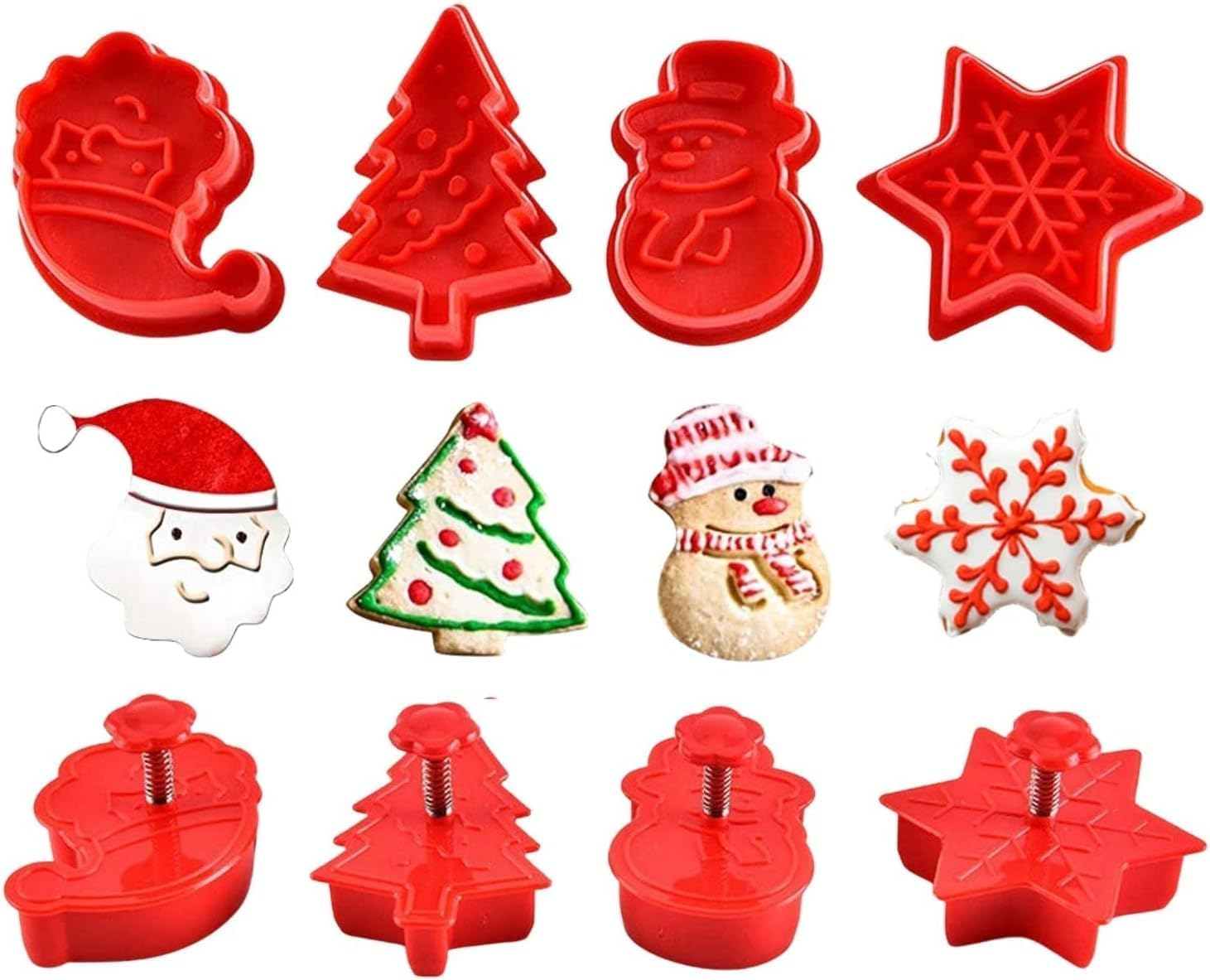 Christmas Themed Cookie Cutter Set - 4 Pieces Plastic Spring Die Biscuits Pastry Cutters 3D Cookie Cake Plunger Cutter Baking Mould