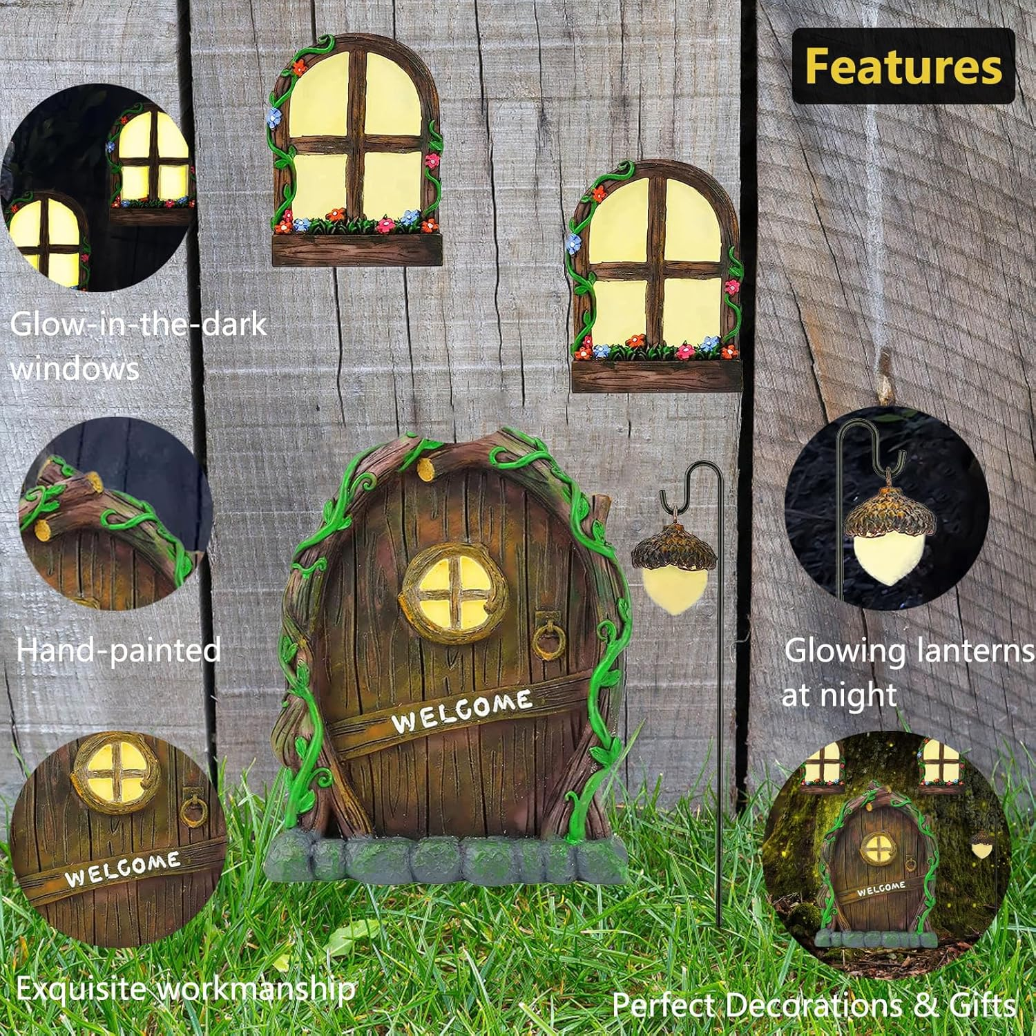 Miniature Fairy Garden Accessories: Glow in the Dark Fairy Door and Windows for Trees, Green Resin Garden Ornament with Lantern