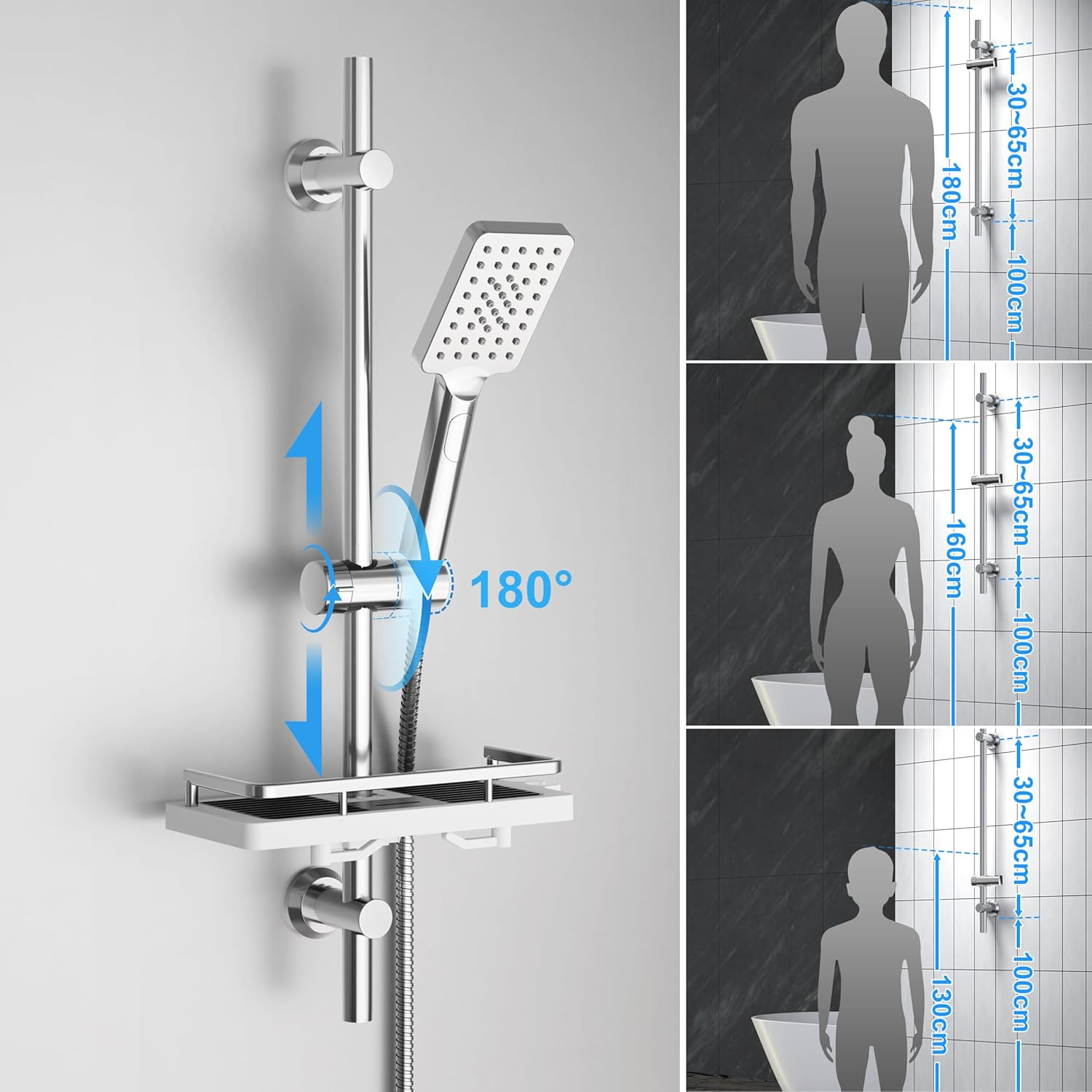 G&ouml;rbach 70Cm Stainless Steel Shower Bar with Shower Head Holder, Wall Bar Adjustable with Shower Shelf to Fit Existing Holes - Chrome
