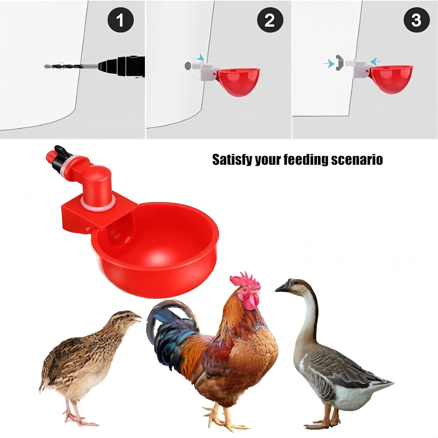 10 Pack Automatic Chicken Waterer Cups Poultry Drinker Kit for Chickens, Ducks, Turkeys Self-Filling Water Feeder with Drill Bit for Buckets, Barrels No Spill, Low Maintenance image number 1