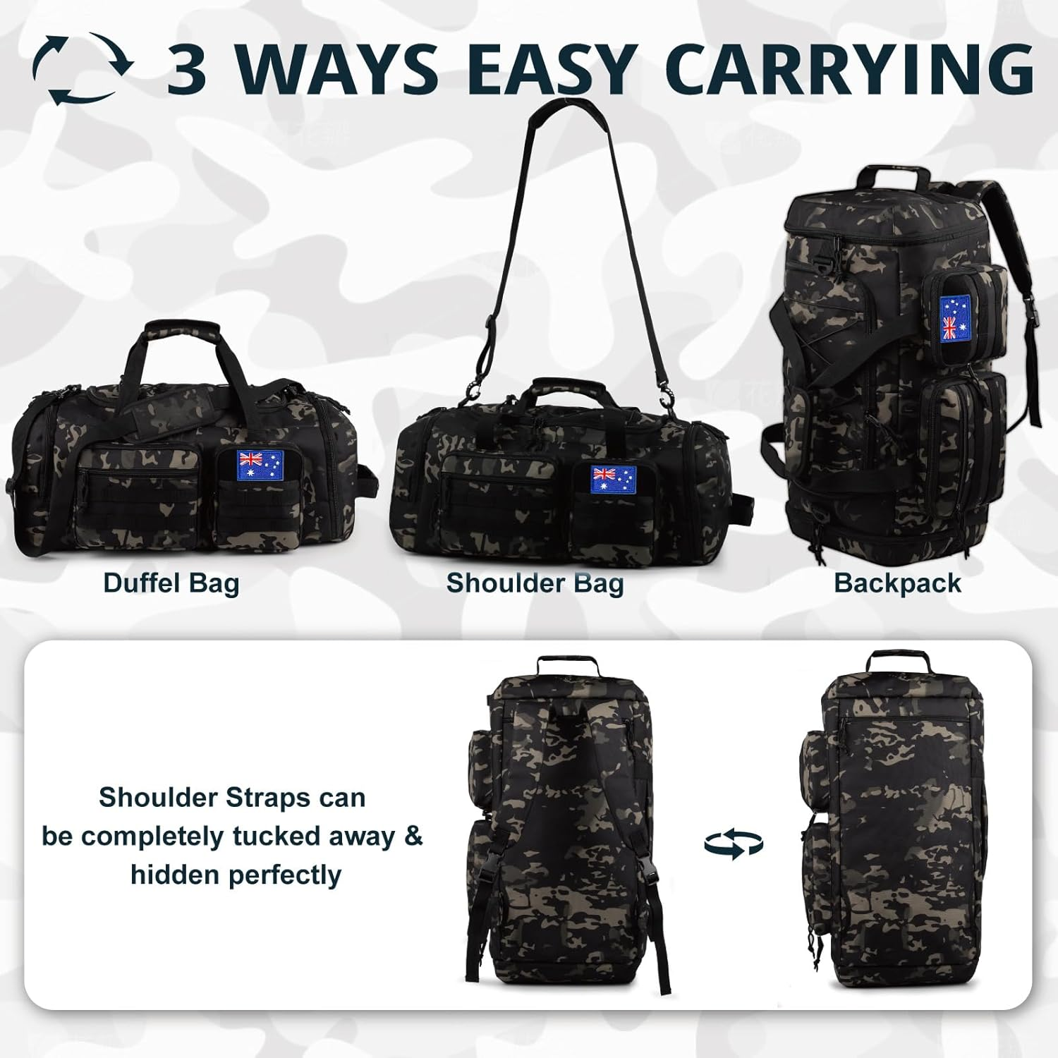 Tactical Gym Bag for Men，50L Large 3 in 1 Sports Duffle Bag with Shoes Compartment for Travel,Water Resistant Travel Backpack Weekender Overnight Bag with Wet Pocket for Women