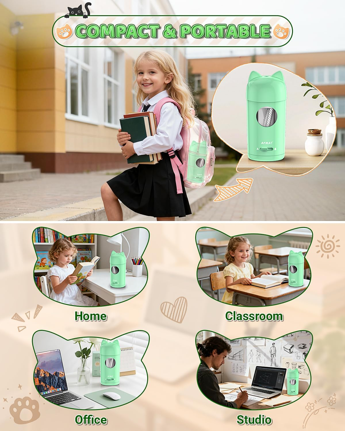 AFMAT Fully Automatic Electric Pencil Sharpener with Cat Ears, Electric Pencil Sharpener with Container for 7-8 Mm Pens (Thick & Thin) - USB Sharpener Children, Gift for School/Office, Green image number 4