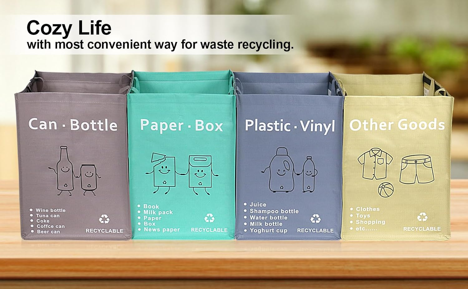 BOMEI Modern House Separate Recycling Waste Bin Bags for Kitchen Home Recycle Garbage Trash Sorting Bins Organizer Waterproof Baskets Compartment Container (Big Size 4 Bags Set) image number 2