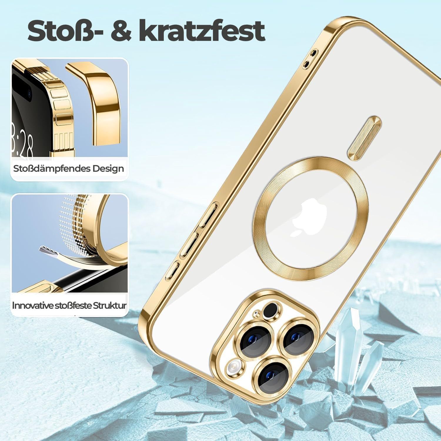 COVRELLA Iphone 16 Pro Max Case Gold, Magnetic & Transparent - Mobile Phone Case with Camera Protection & Lens Protection - Compatible with Magsafe - Shockproof & Scratch Resistant image number 3