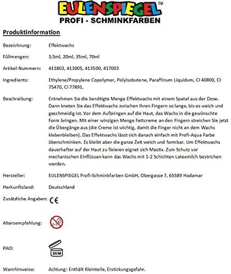 Eulenspiegel 411803 Make-Up Effect Wax, Modelling Wax, 20 Ml, Theatre, Halloween, Carnival, Theme Party image number 5