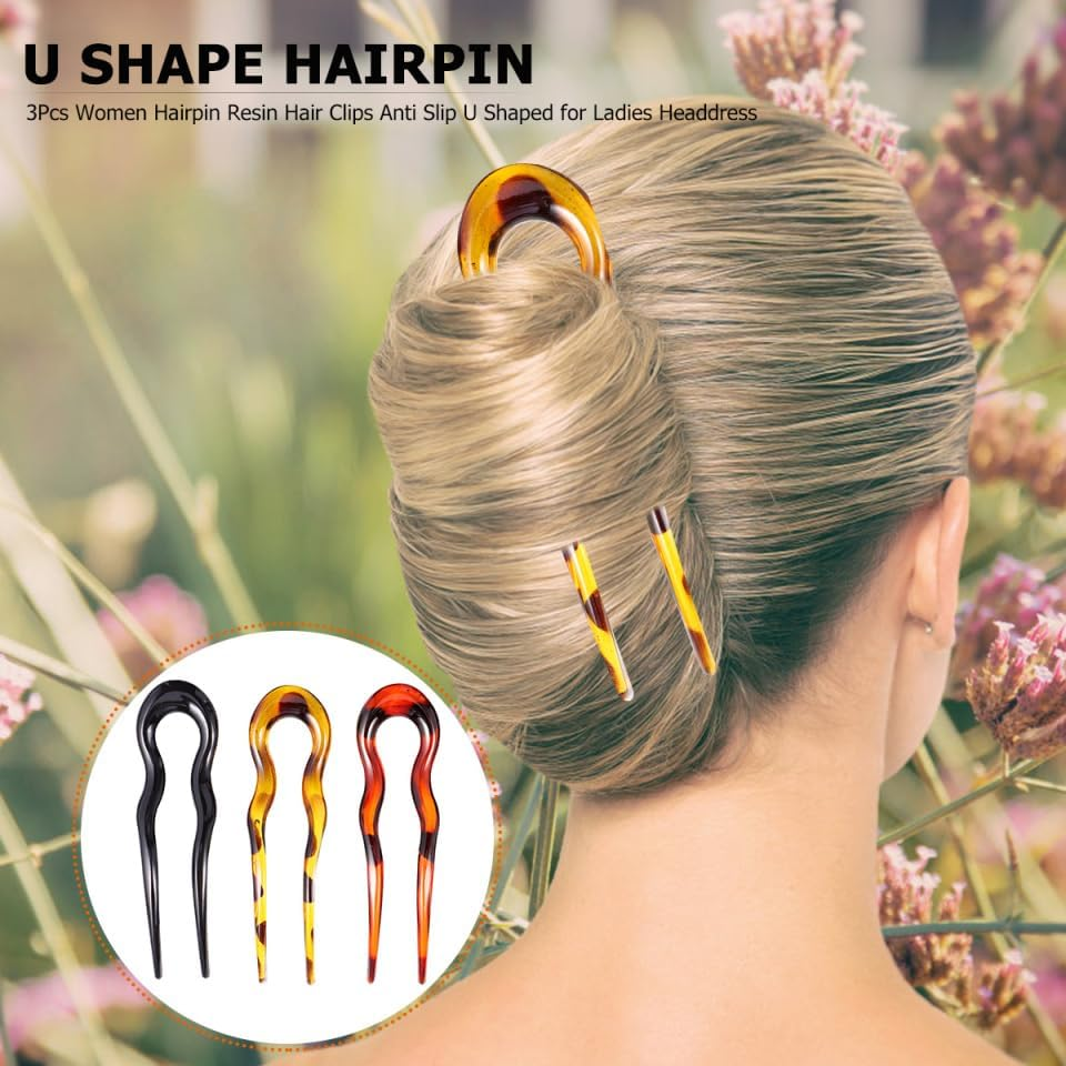 3Pcs U-Shaped Resin Hairpin Clips for Women Unique Design for Long Thick Hair Stylish Hair Accessories for All Types and Colors for Various Occasions image number 3