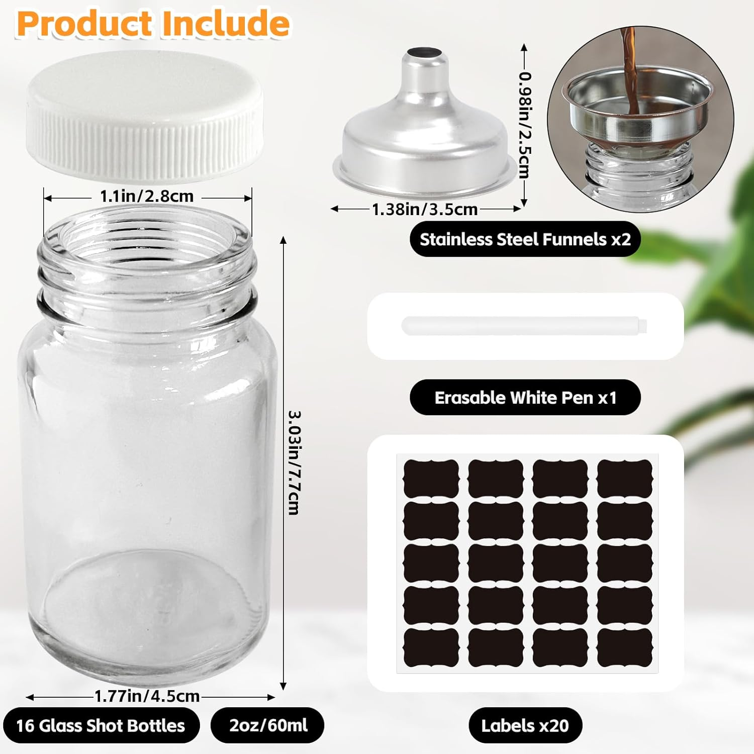 Fayrvind 16 Pack 2 Oz Glass Juice Bottles, Small Containers Shot Bottles with Lids & Stainless Steel Funnels for Travel Liquids Juicing Juice Cold Brew Bottles Smoothie Jars Homemade Beverages Bottle image number 2