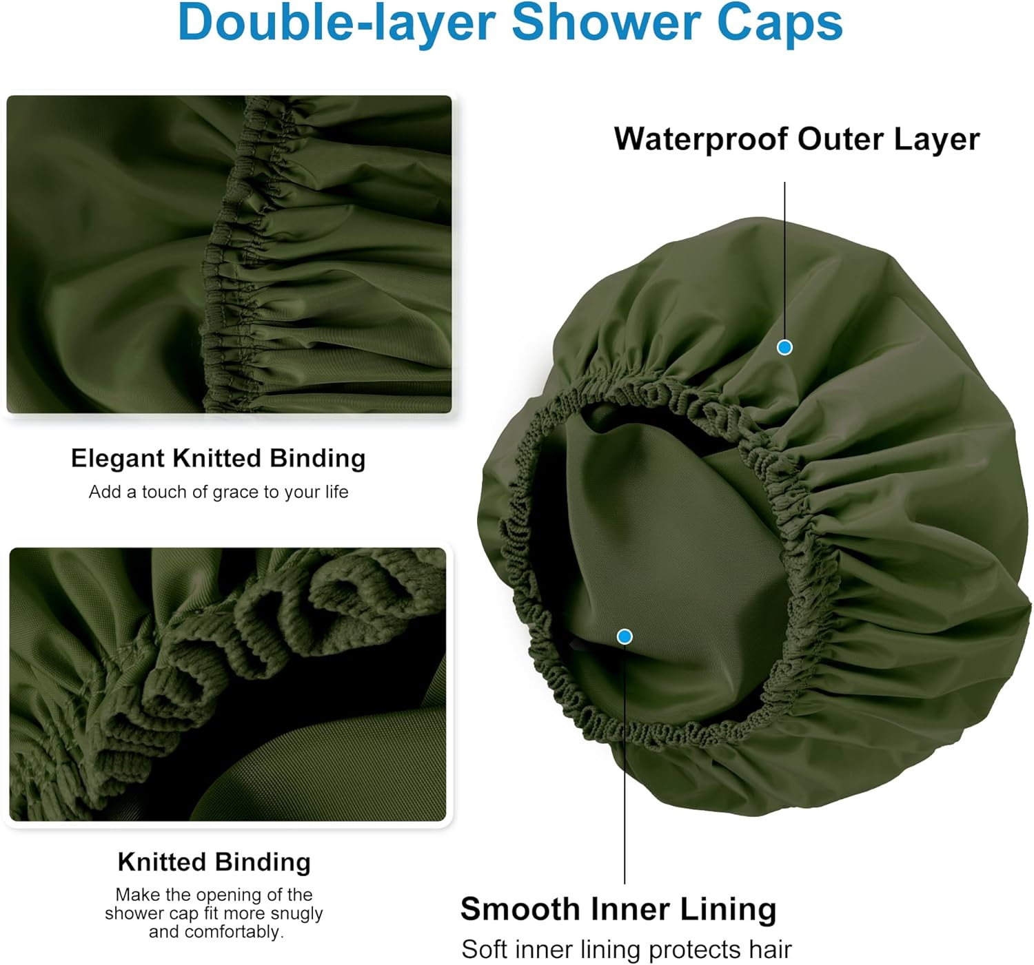 Shower Cap for Women, Double Layer Waterproof Bath Cap, Reusable Hair Protector, Large Waterproof Shower Bonnet Washable Elastic Band Bath Hair Hat for Long Hair, Braids， - Dark Green image number 5