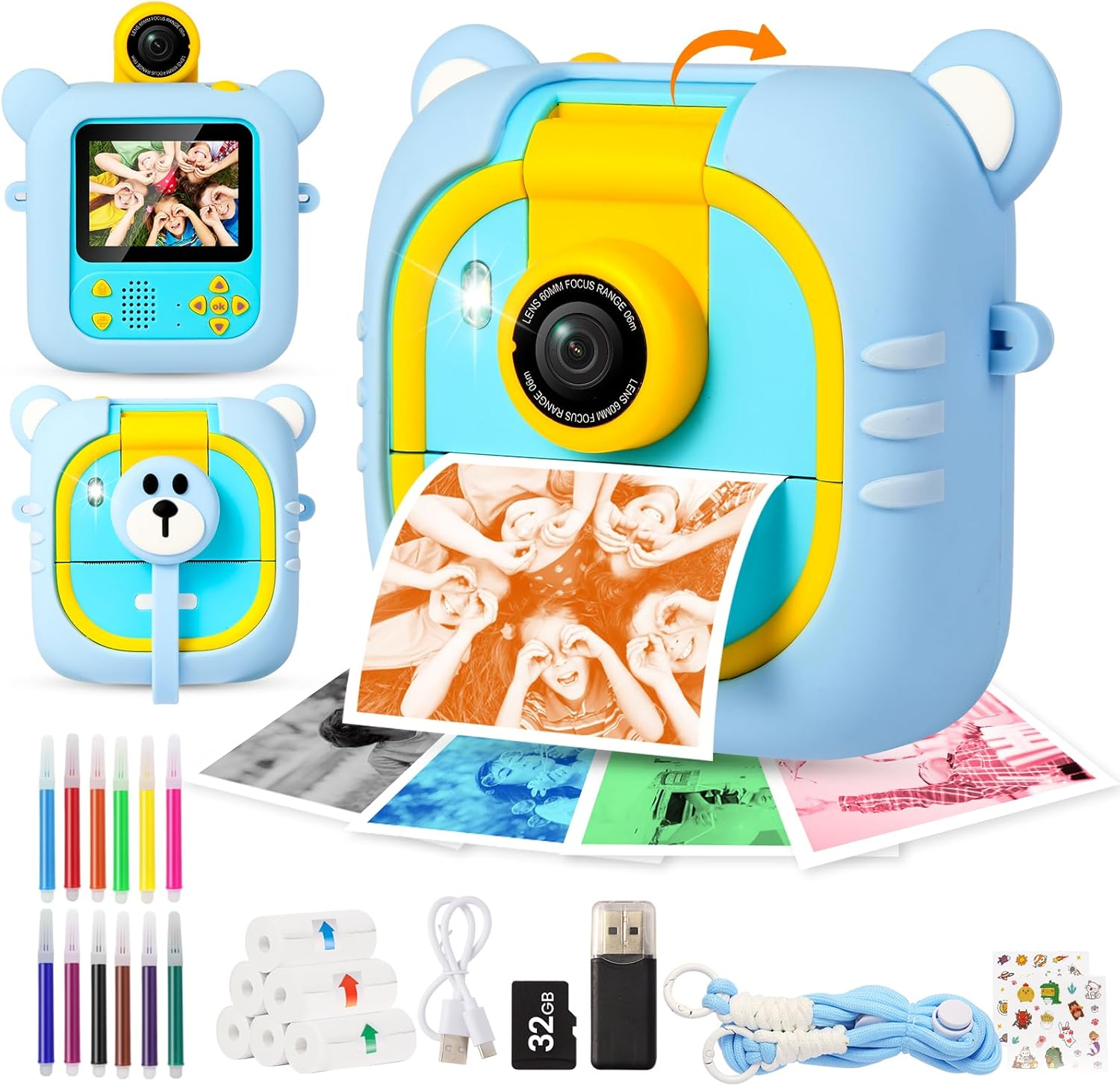 ARNSSIEN Kids Camera Instant Print, 7 Print Paper (4 Color: O/R/G/B+3 B&W), 2.4" Screen Instant Camera for Kids Ages 3-12,1080P, 180&deg;Flip Lens,32Gb Card- Christmas Birthday Present for Boys & Girls,M2