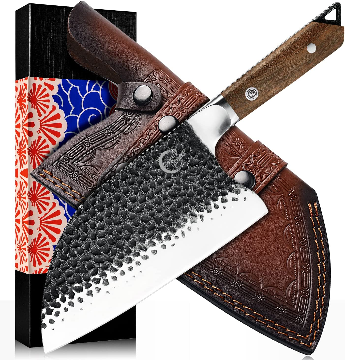 [Full Tang]Butcher Knife Handmade Forged Kitchen Chef Knife Grandsharp Pro Razor Sharp Serbian Clad Steel Meat Vegetable Chopping Cutting Cleaver with Leather Knife Sheath image number 6